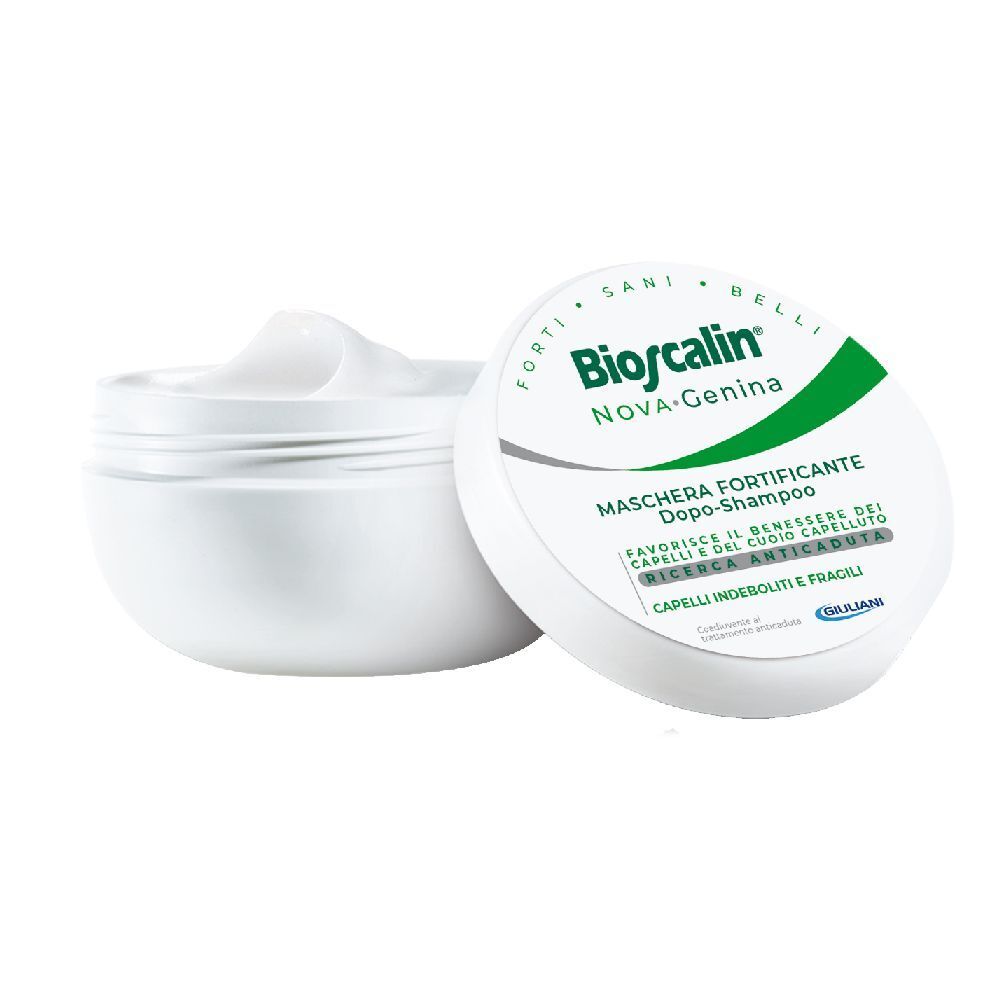 Vaso bianco con crema bianca e coperchio. Sul coperchio: Bioscalin Nova-Genina Maschera Fortificante.