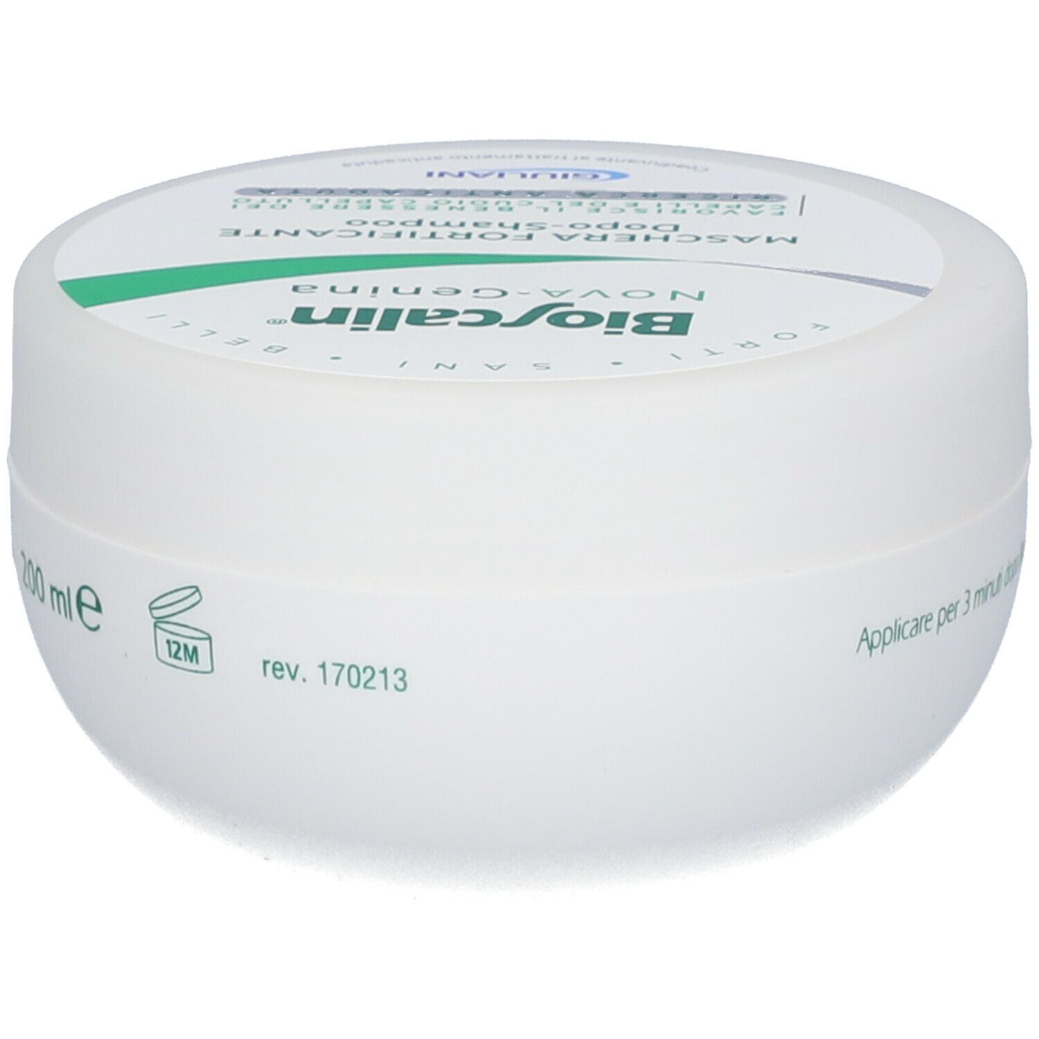 Vaso bianco con coperchio. Sul coperchio: Bioscalin Nova-Genina Maschera Fortificante. Testo: 200 ml, 12M.