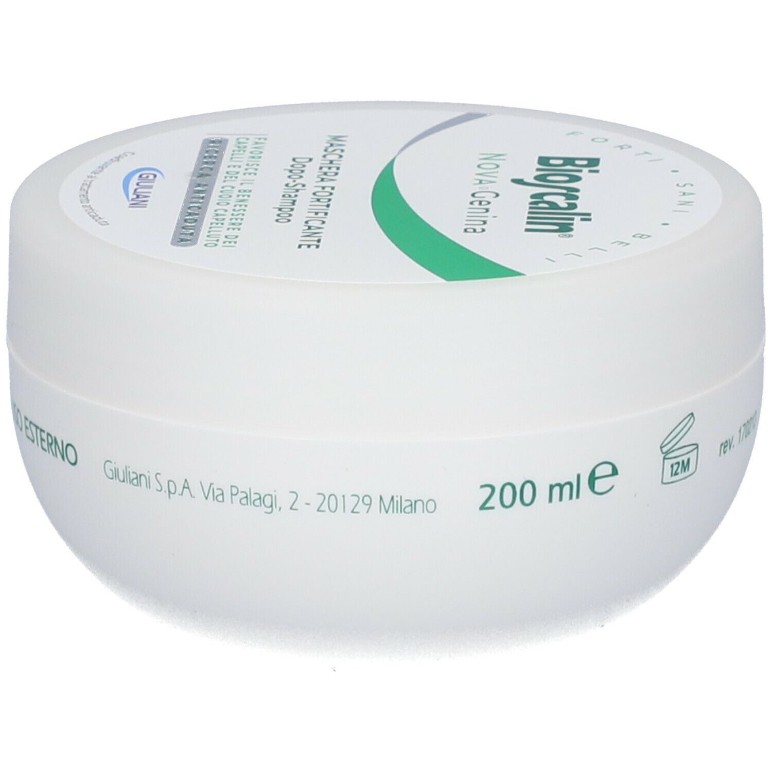 Vaso bianco con coperchio. Sul coperchio: Bioscalin Nova-Genina Maschera Fortificante. Testo: 200 ml, 12M, Giuliani.
