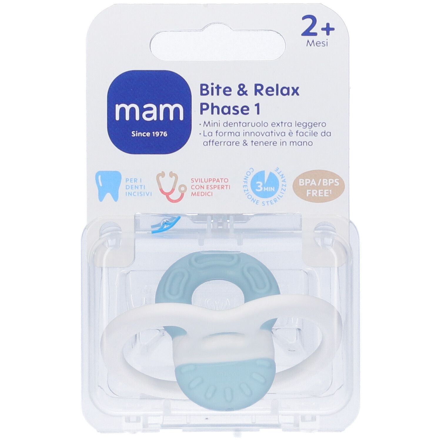 MAM Bite&Relax Fase 1, azzurro e bianco, in confezione di plastica. Informazioni sul prodotto e logo.