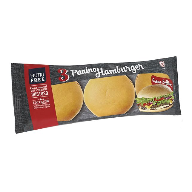 Confezione di 3 panini per hamburger. Scritta: Nutrifree, senza glutine. Raffigurato un hamburger farcito.