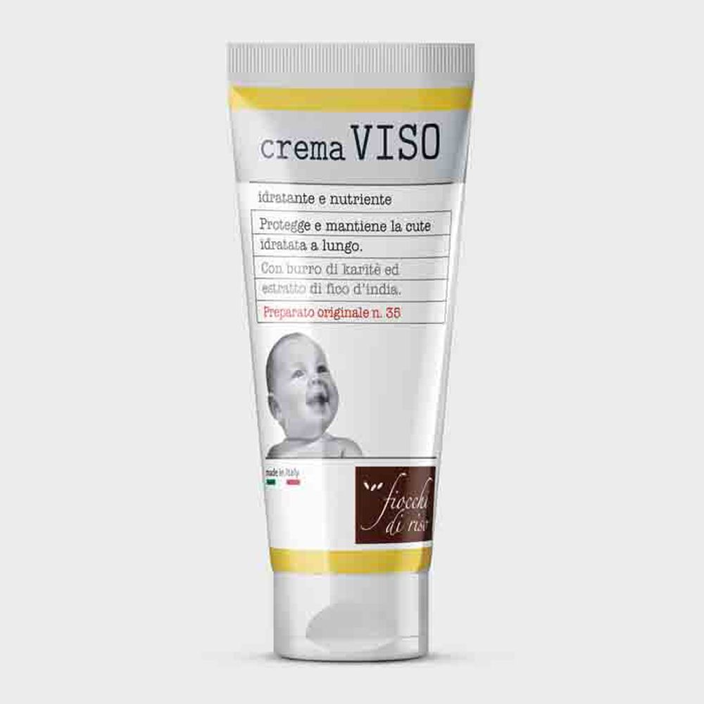 Tubo crema con testo e foto di bambino. Scritta: Crema Viso. Confezione gialla e bianca. Bandiera italiana.