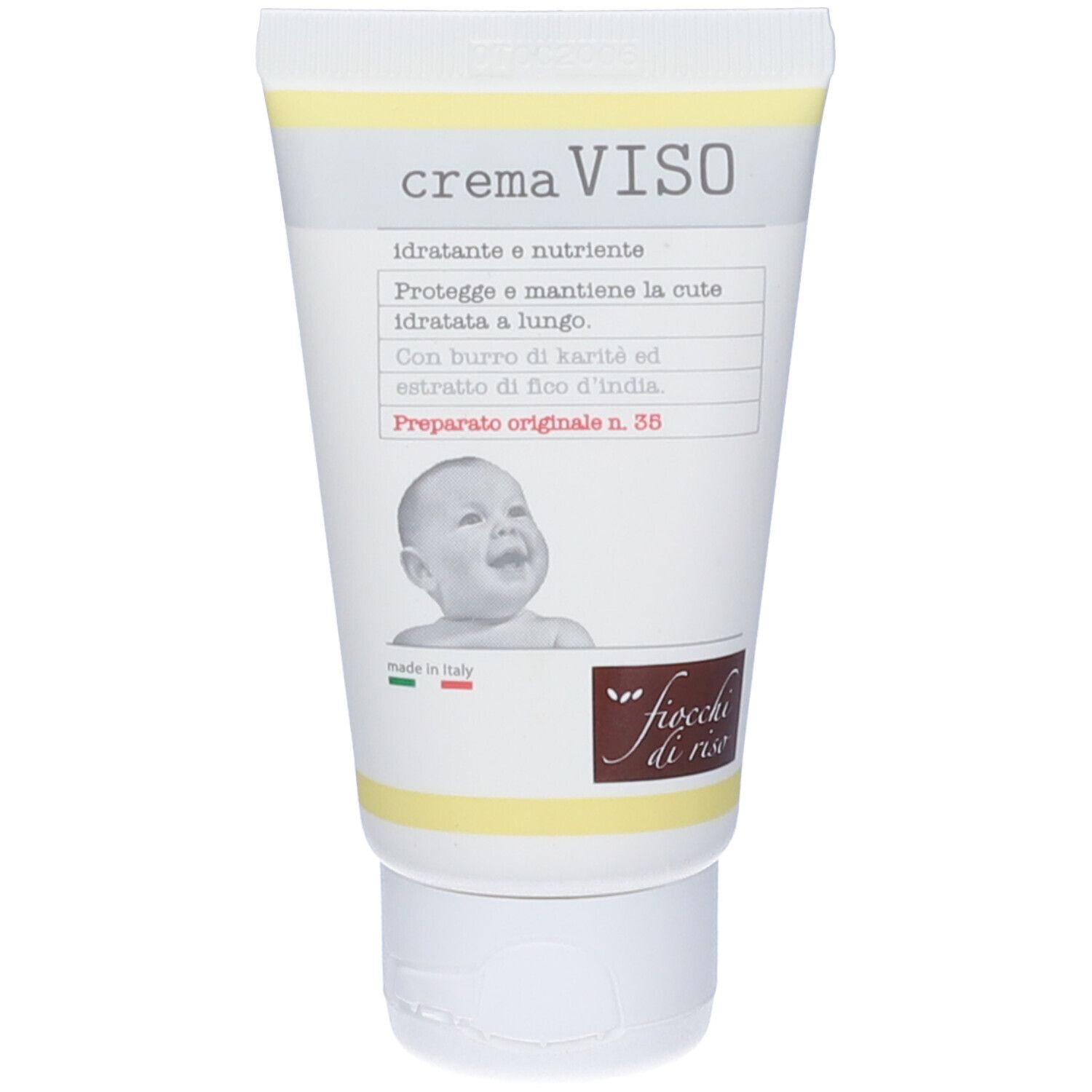 Tubo crema con testo e foto di bambino. Scritta: Crema Viso. Confezione gialla e bianca. Bandiera italiana.