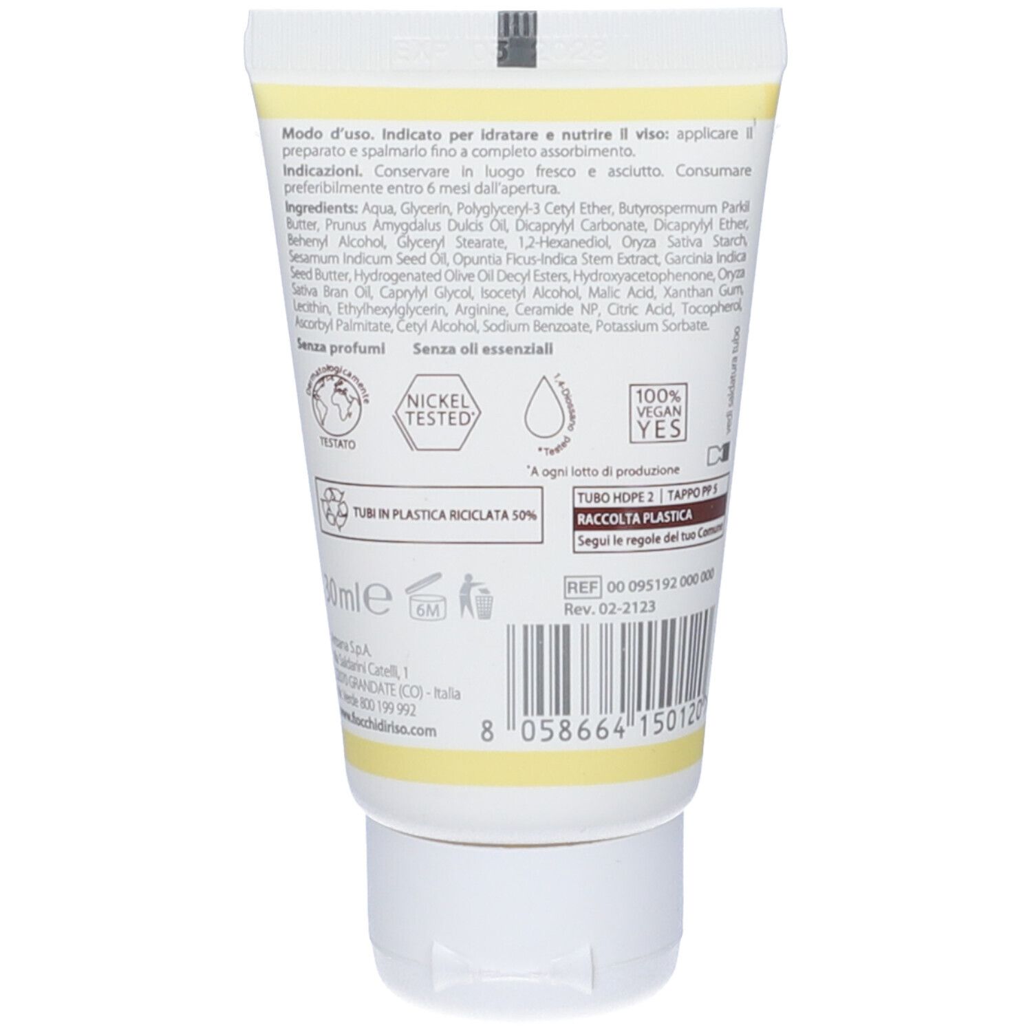 Retro di un tubo di crema. Testo con ingredienti e certificazioni. Confezione gialla e bianca. Logo riciclo.