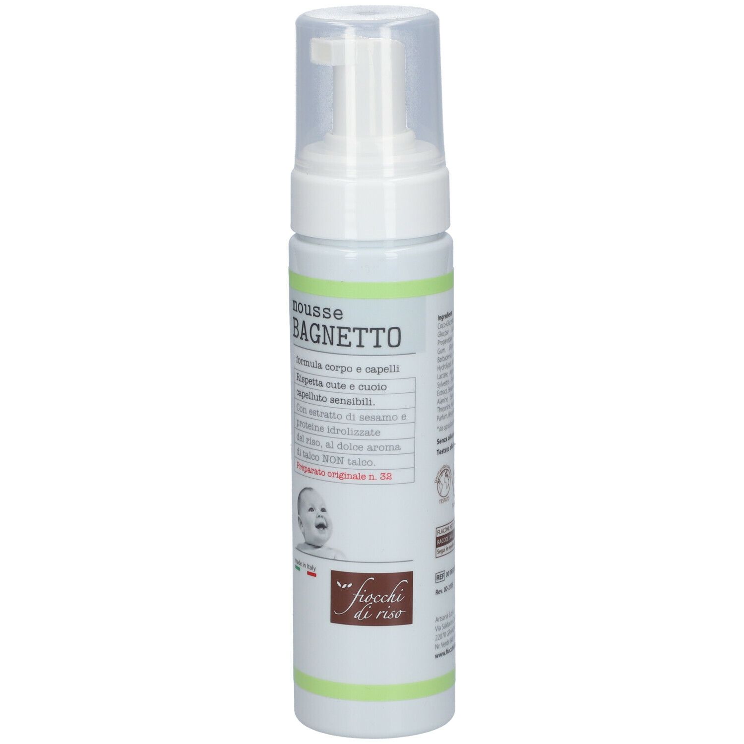 Flacone bianco con erogatore a spruzzo. Scritta: MOUSSE BAGNETTO. Logo: Fiocchi di Riso. Testo in italiano.