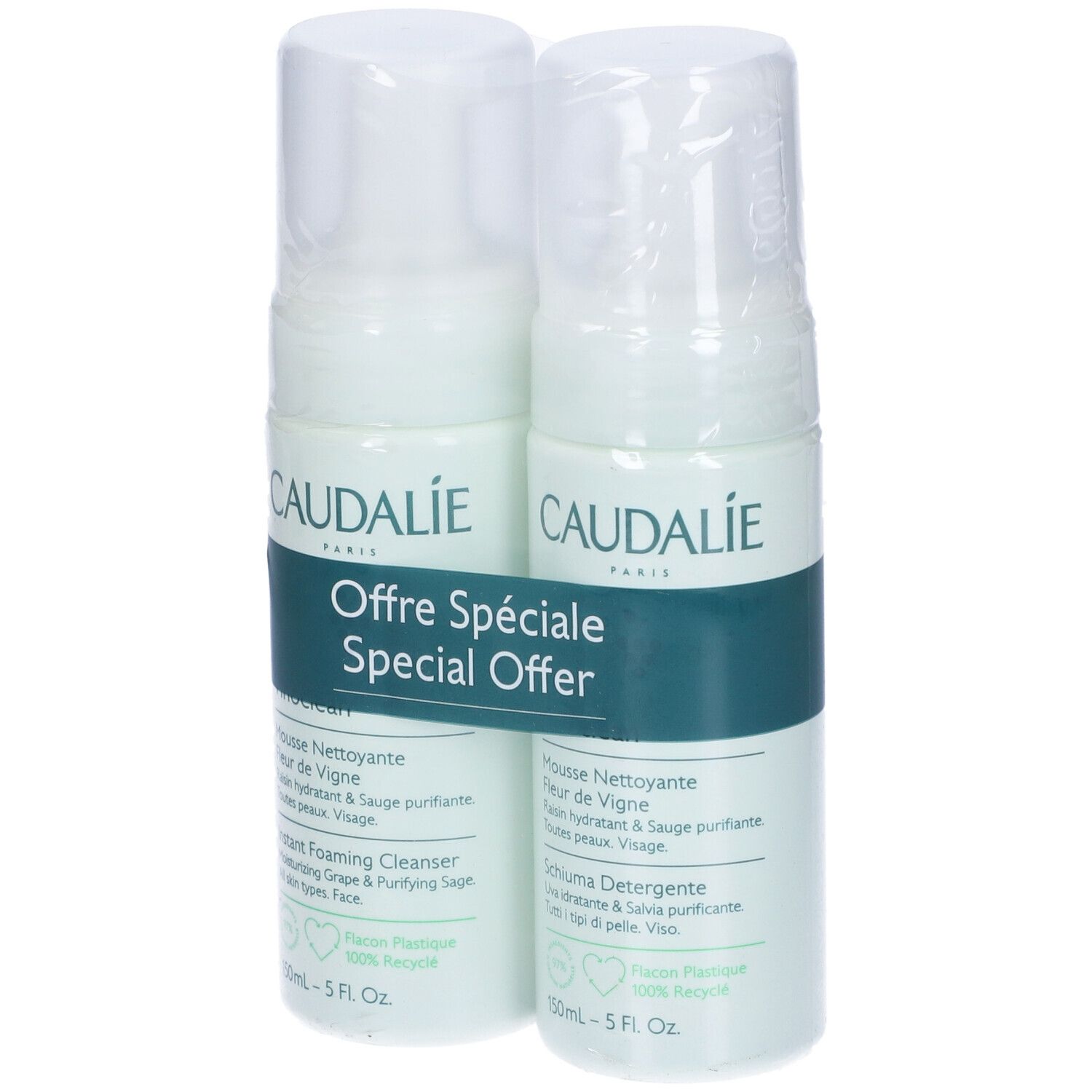 Due flaconi di schiuma detergente Caudalie, confezionati. Scritta: Offre Spéciale, Special Offer. Flaconi con tappo bianco e dettagli verdi.