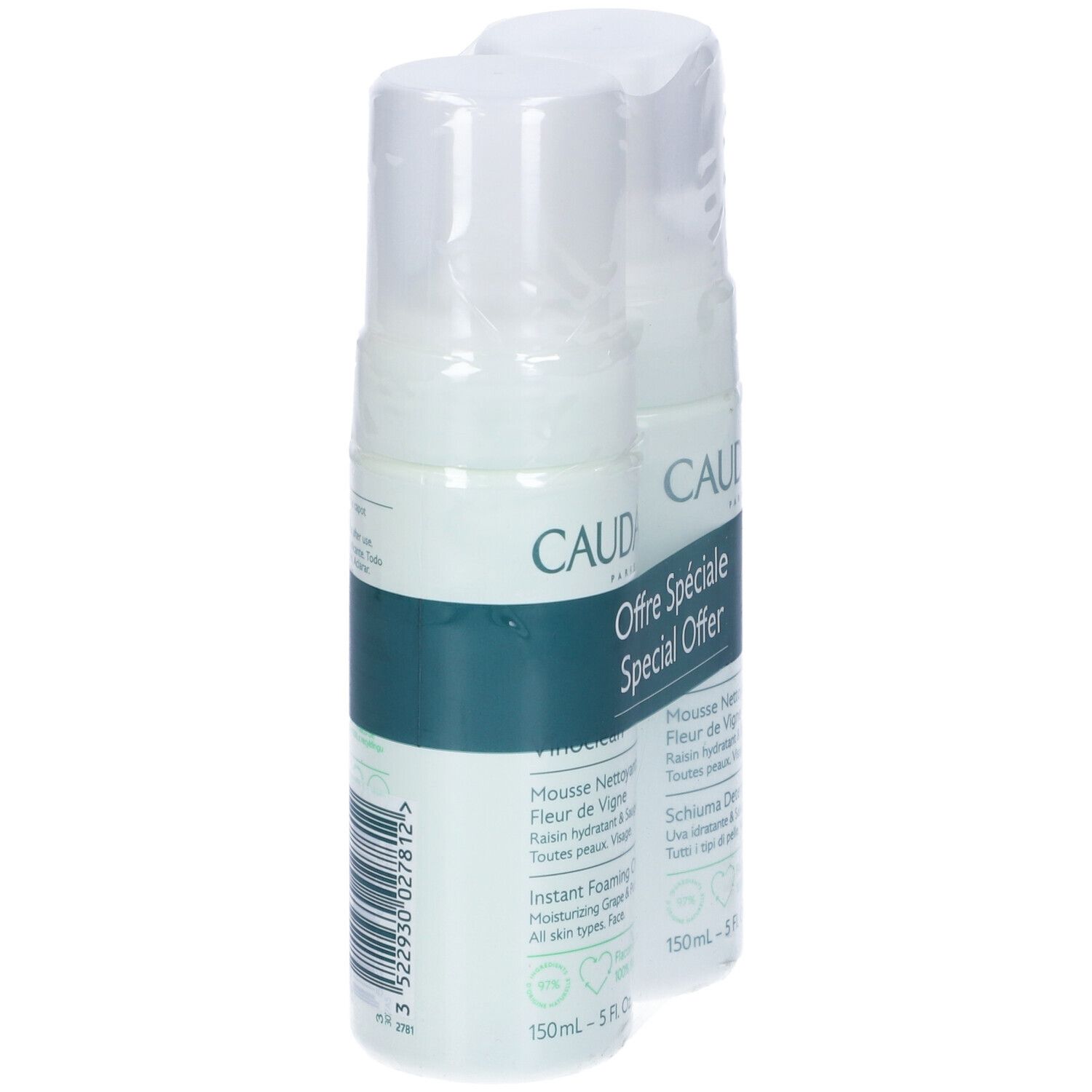 Due flaconi di schiuma detergente Caudalie, confezionati. Scritta: Offre Spéciale, Special Offer. Flaconi con tappo bianco e dettagli verdi.