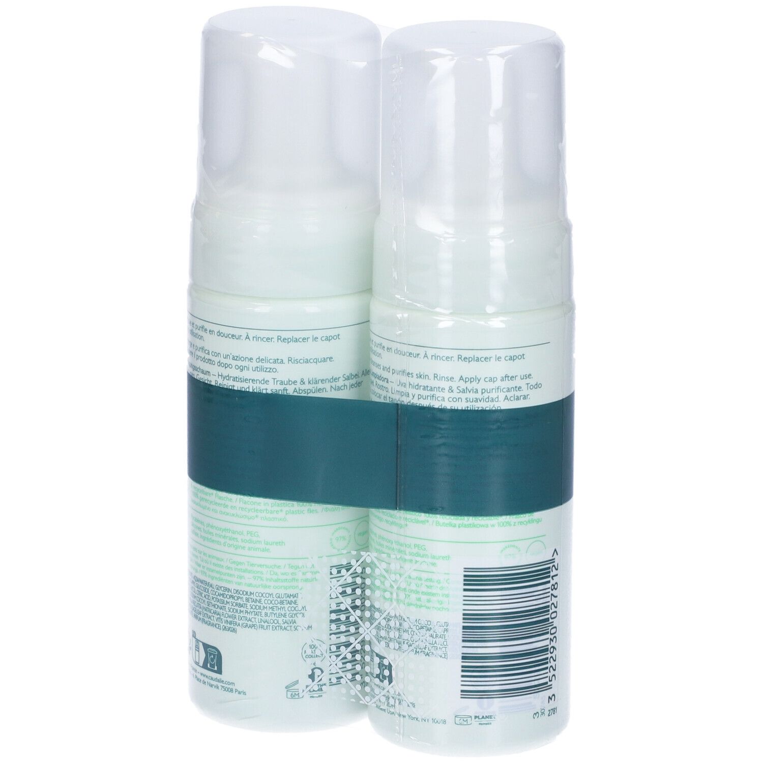 Due flaconi di schiuma detergente Caudalie, confezionati. Scritta: Offre Spéciale, Special Offer. Flaconi con tappo bianco e dettagli verdi.