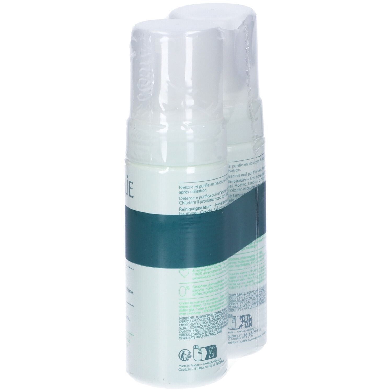 Due flaconi di schiuma detergente Caudalie, confezionati. Scritta: Offre Spéciale, Special Offer. Flaconi con tappo bianco e dettagli verdi.