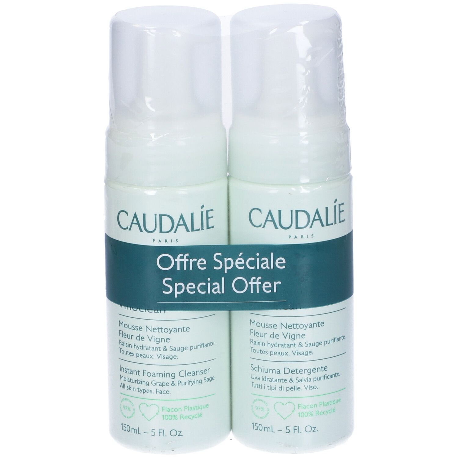 Due flaconi di schiuma detergente Caudalie, confezionati. Scritta: Offre Spéciale, Special Offer. Flaconi con tappo bianco e dettagli verdi.