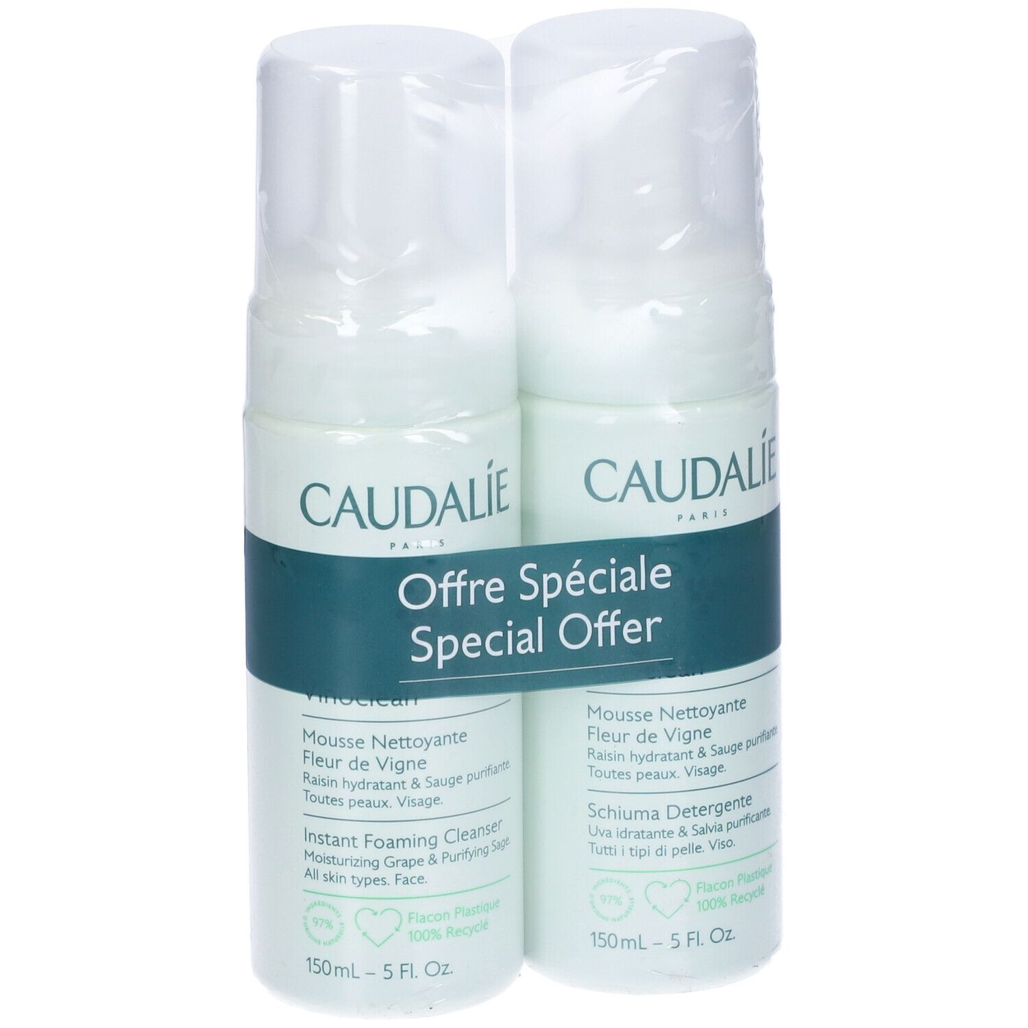 Due flaconi di schiuma detergente Caudalie, confezionati. Scritta: Offre Spéciale, Special Offer. Flaconi con tappo bianco e dettagli verdi.