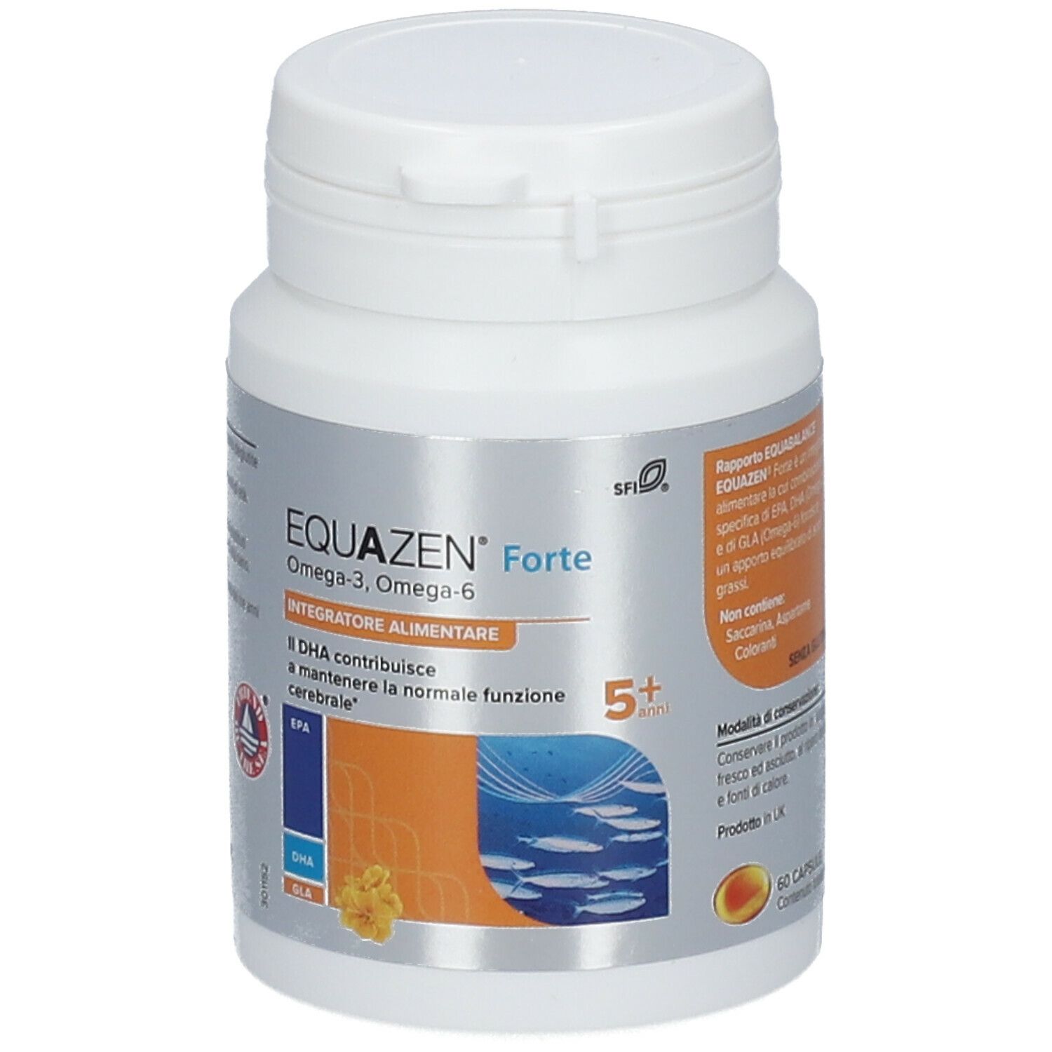 Flacone bianco con capsule. Scritta: EQUAZEN Forte Omega-3, Omega-6. Integratore alimentare. Con motivi di pesci.