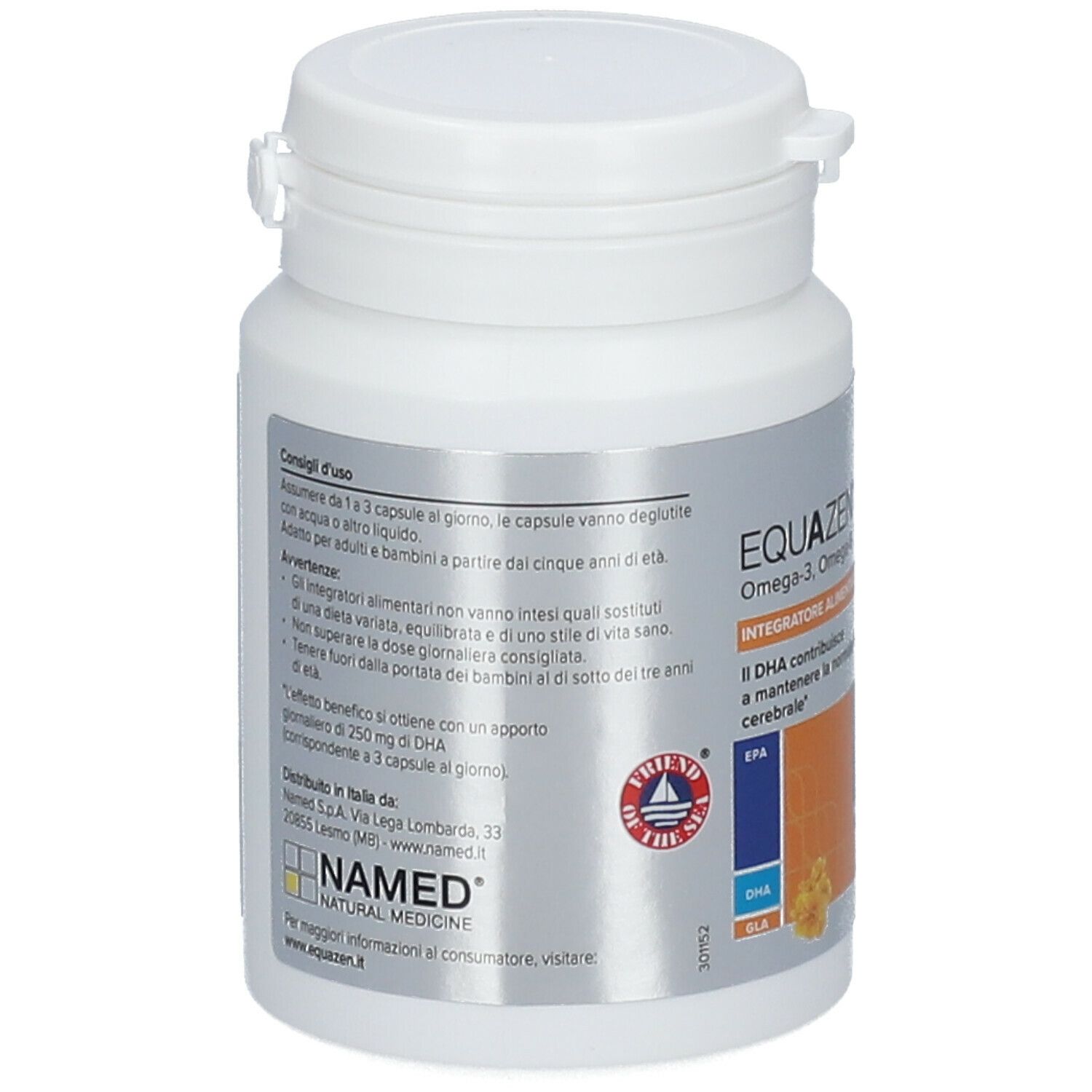Retro di un flacone bianco con capsule. Scritta: EQUAZEN Omega-3, Omega-6. Integratore alimentare. Istruzioni per l'uso.