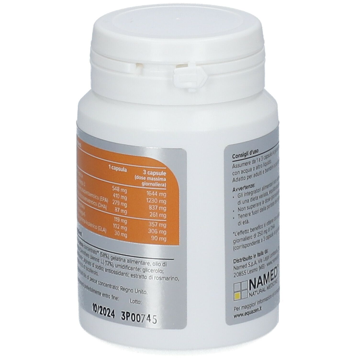 Retro di un flacone bianco con capsule. Scritta: EQUAZEN Omega-3, Omega-6. Informazioni nutrizionali. Data di scadenza.