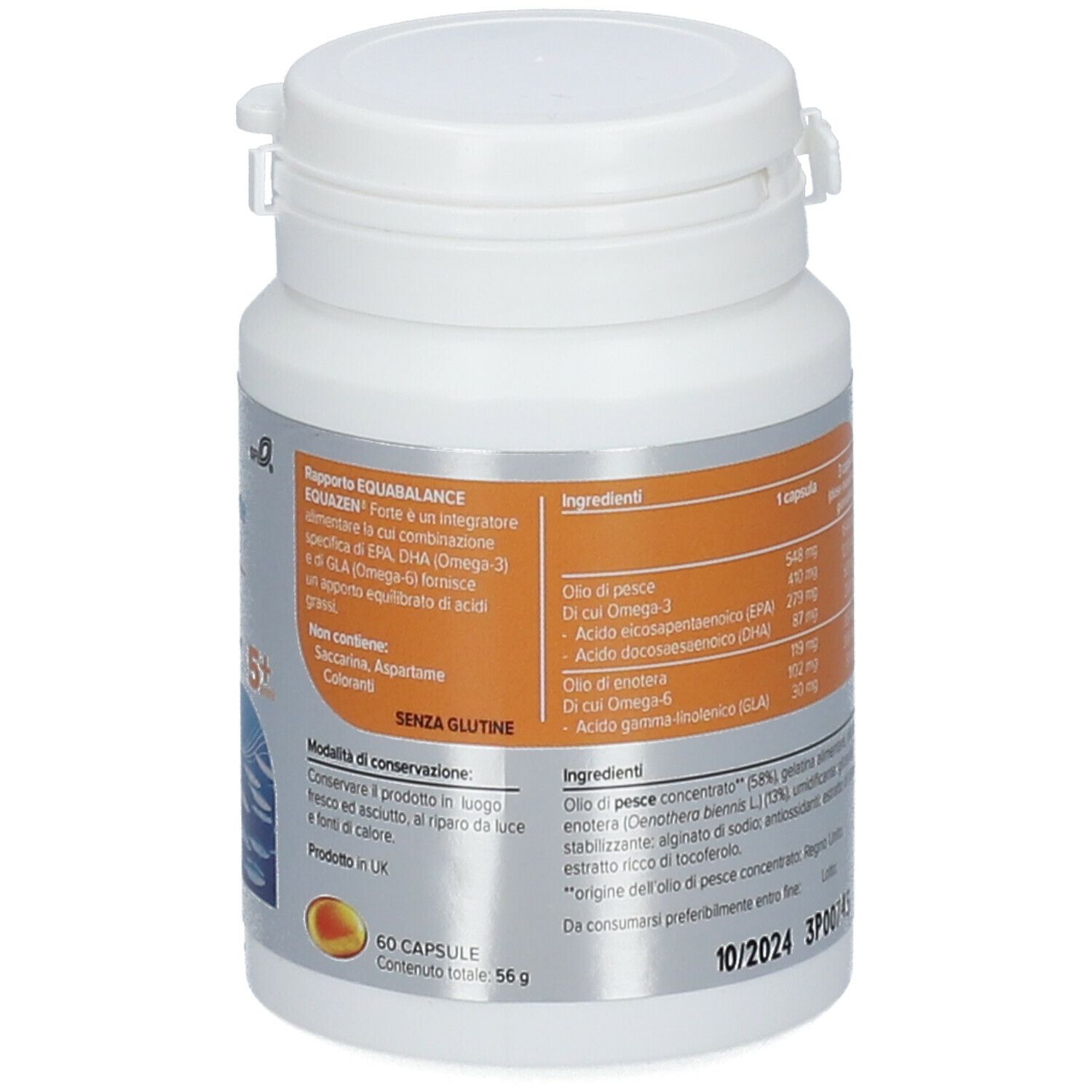 Retro di un flacone bianco con capsule. Scritta: EQUAZEN Omega-3, Omega-6. Elenco ingredienti. Data di scadenza.