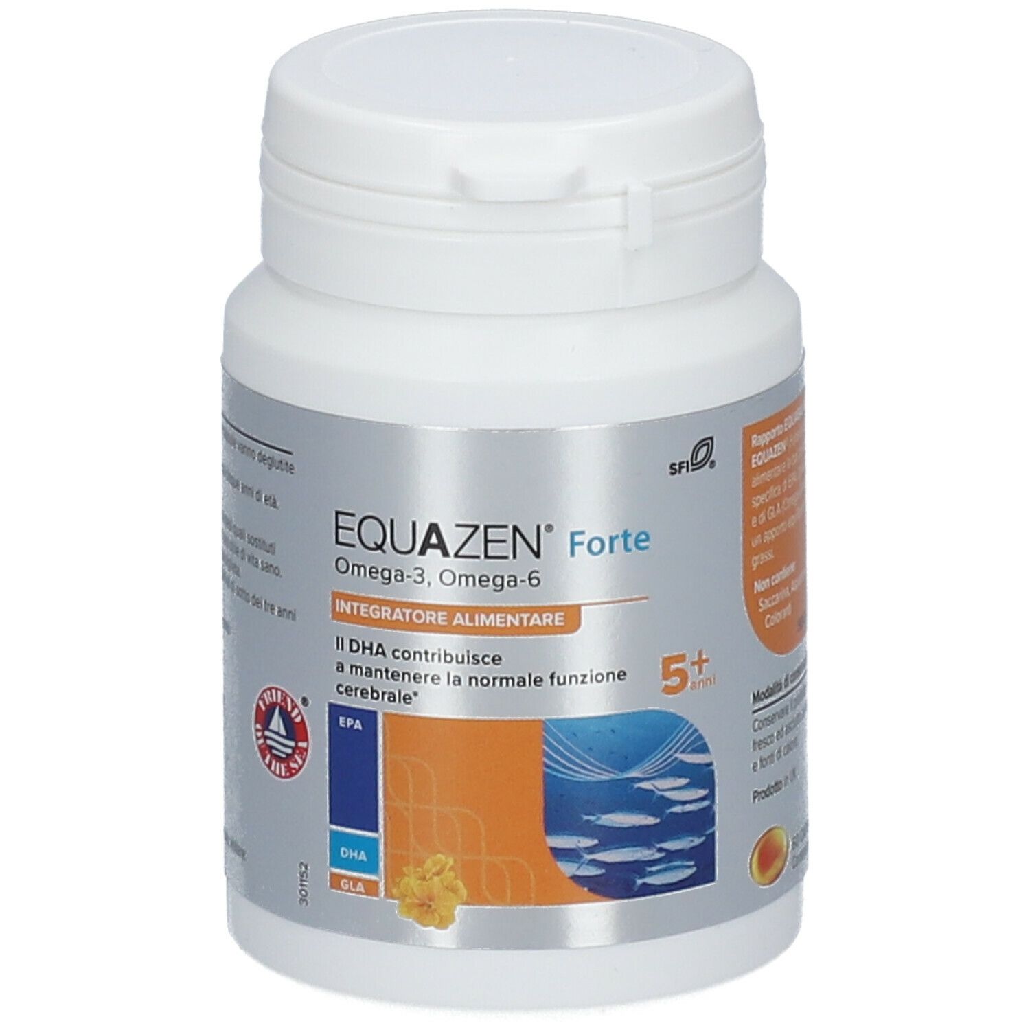 Flacone bianco con capsule. Scritta: EQUAZEN Forte Omega-3, Omega-6. Integratore alimentare. Con motivi di pesci.