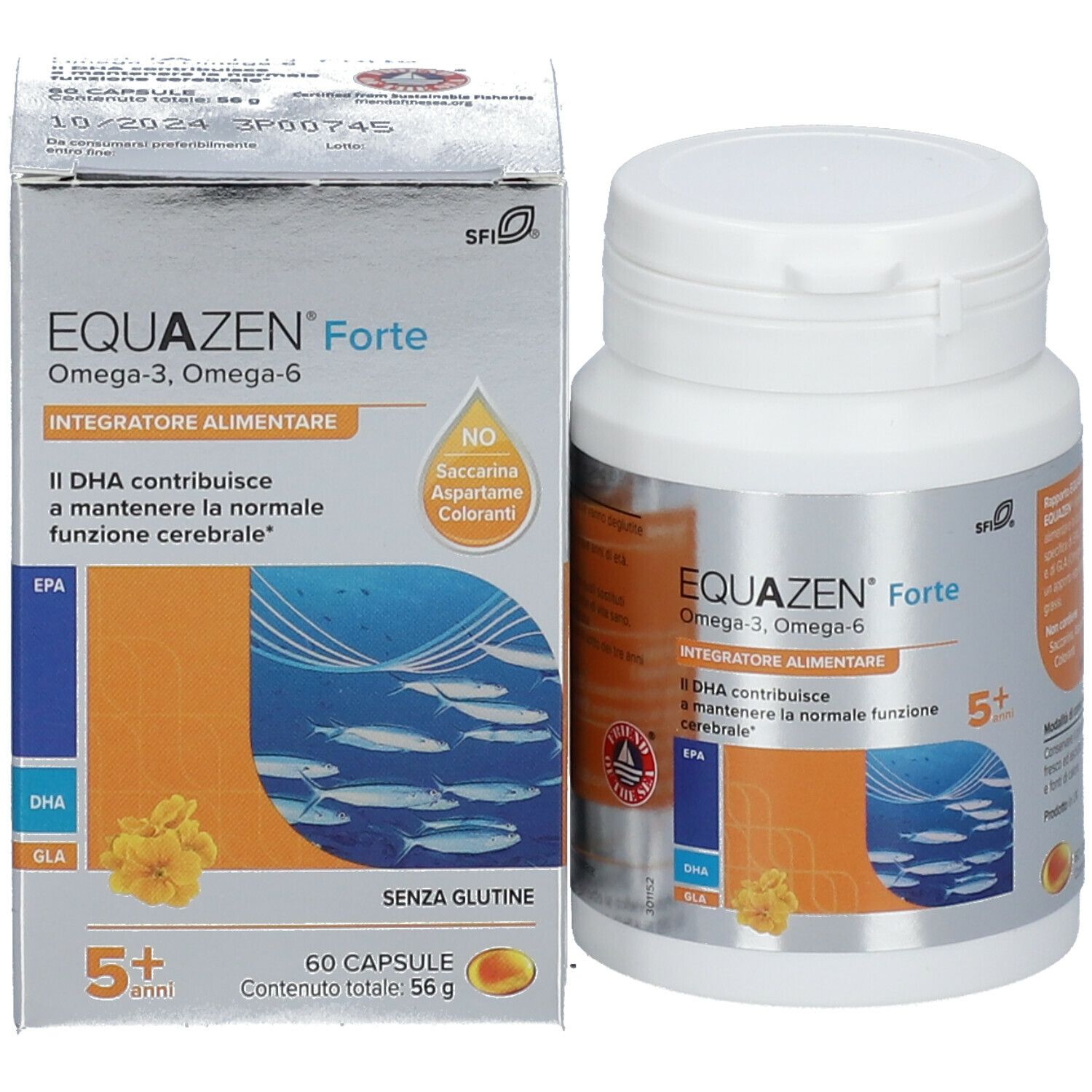 Confezione del prodotto con flacone e scatola. Scritta: EQUAZEN Forte Omega-3, Omega-6. Integratore alimentare. 60 capsule.