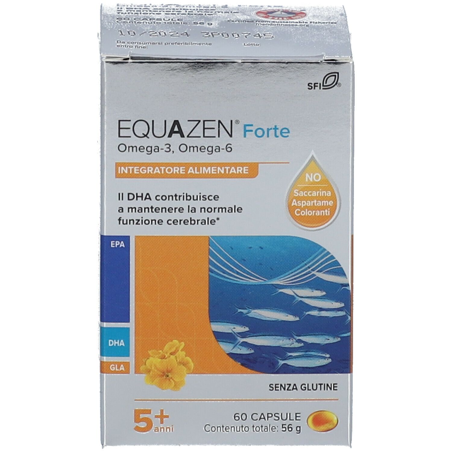 Confezione del prodotto. Scritta: EQUAZEN Forte Omega-3, Omega-6. Integratore alimentare. 60 capsule. Senza zucchero e coloranti.