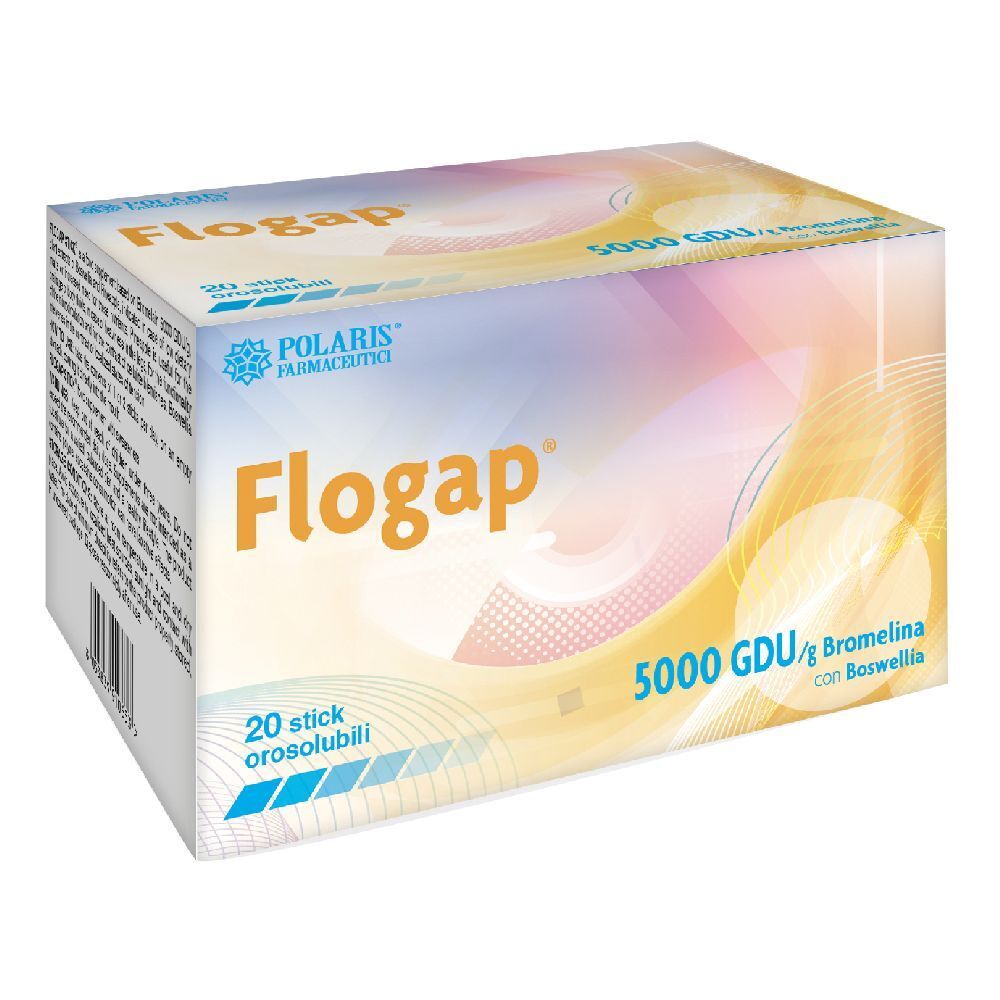 Scatola di Flogap con 20 stick. Scritta: 5000 GDU/g Bromelina con Boswellia. Marchio Polaris Farmaceutici.