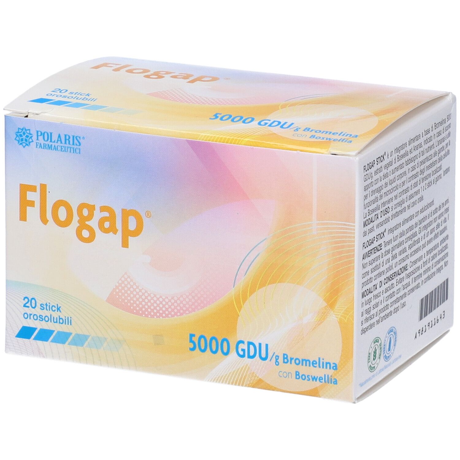 Scatola di Flogap con 20 stick. Scritta: 5000 GDU/g Bromelina con Boswellia. Marchio Polaris Farmaceutici.