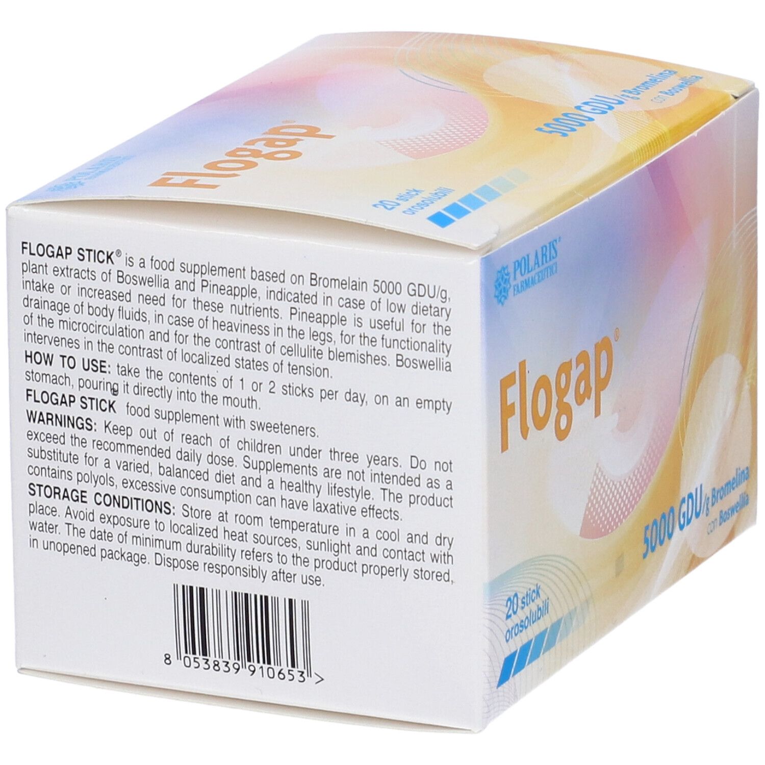 Scatola di Flogap con 20 stick. Scritta: 5000 GDU/g Bromelina con Boswellia. Marchio Polaris Farmaceutici.