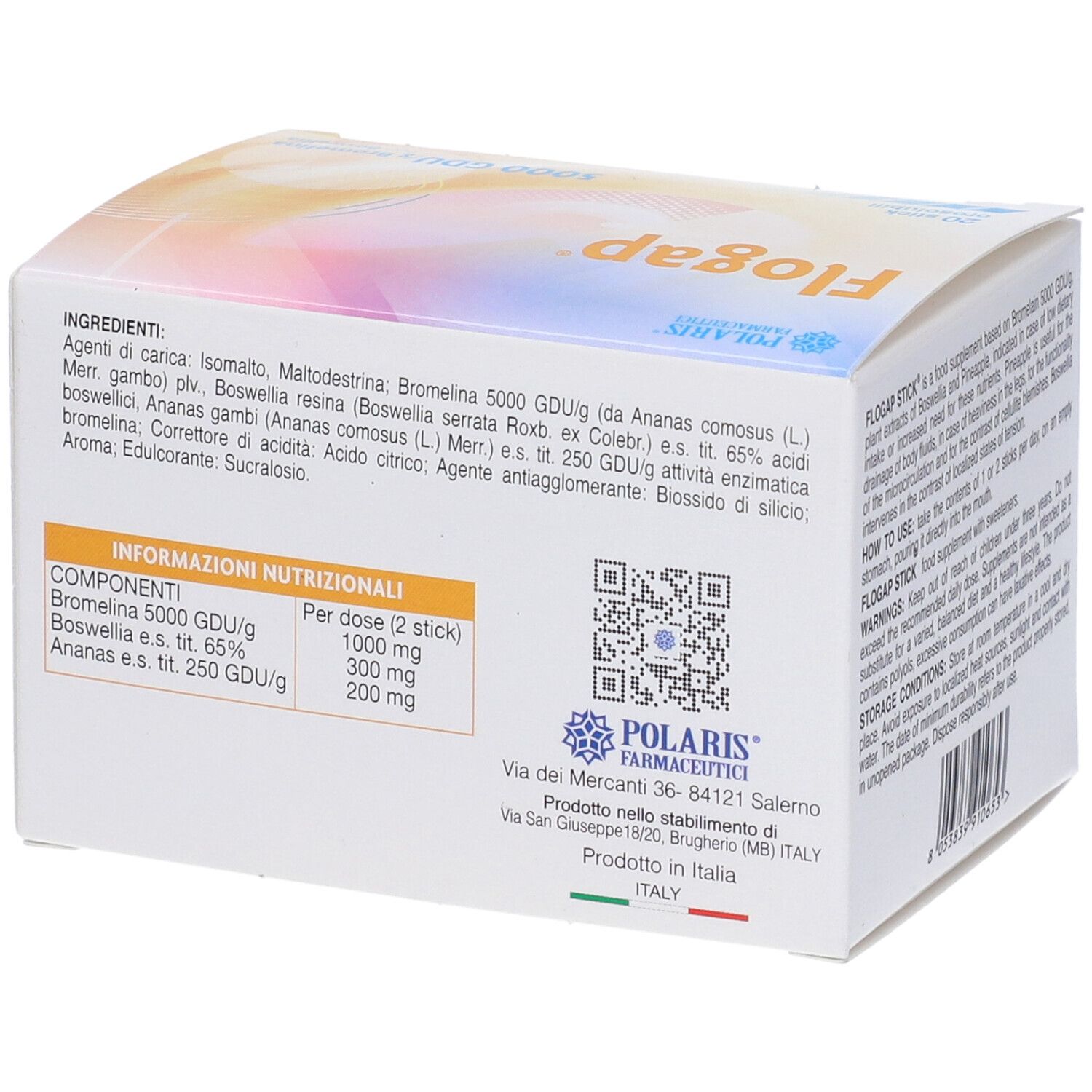 Scatola di Flogap con 20 stick. Scritta: 5000 GDU/g Bromelina con Boswellia. Marchio Polaris Farmaceutici.