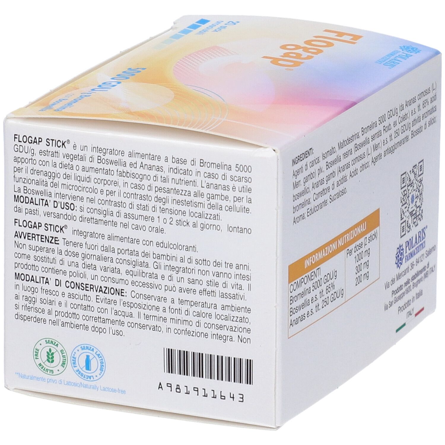 Scatola di Flogap con 20 stick. Scritta: 5000 GDU/g Bromelina con Boswellia. Marchio Polaris Farmaceutici.