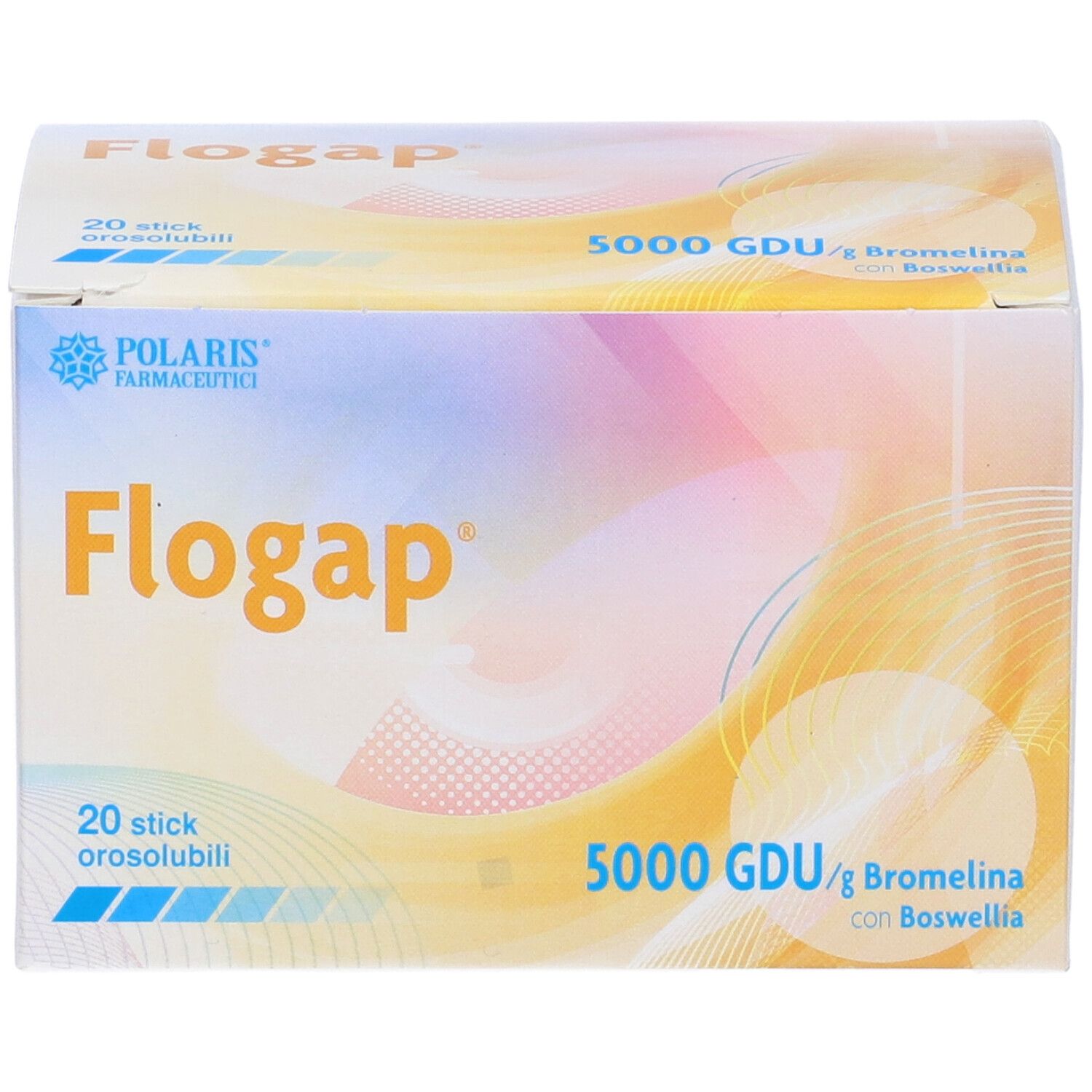 Scatola di Flogap con 20 stick. Scritta: 5000 GDU/g Bromelina con Boswellia. Marchio Polaris Farmaceutici.