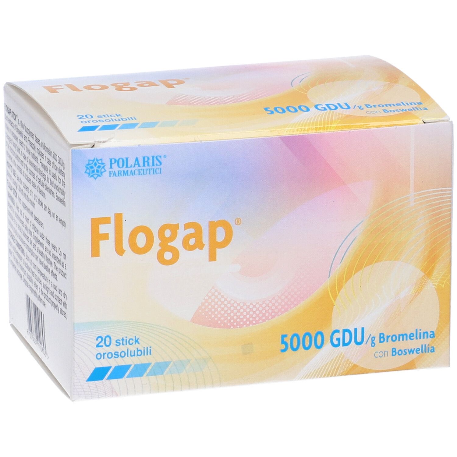 Scatola di Flogap con 20 stick. Scritta: 5000 GDU/g Bromelina con Boswellia. Marchio Polaris Farmaceutici.