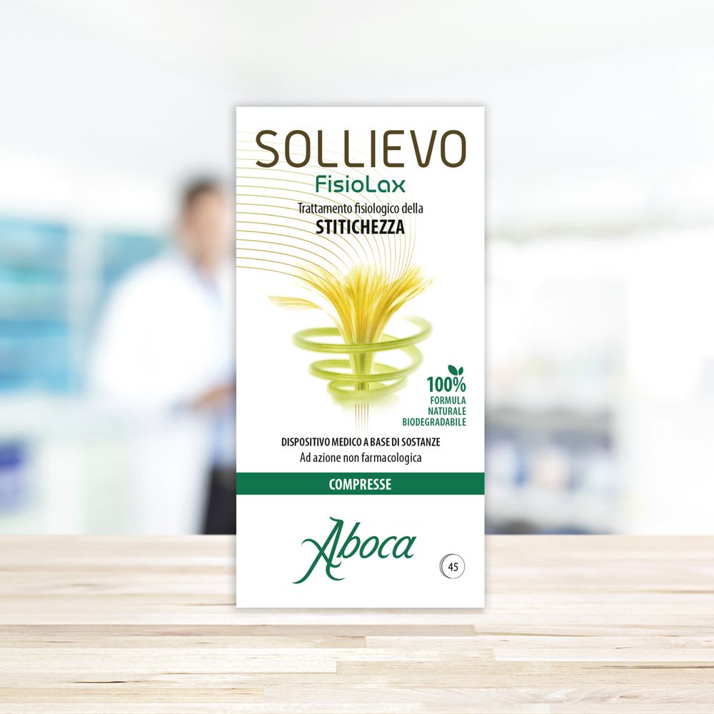 Weißes Etikett mit Text: Sollievo Fisiolax, Behandlung von Verstopfung. Aboca Logo. 100% natürliche Formel.
