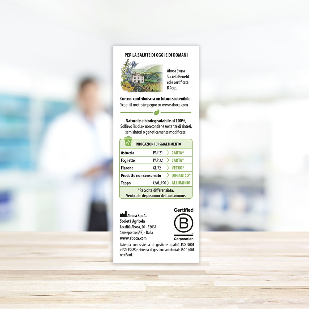 Rückseite der Verpackung. Text über die Wirkung von Sollievo Fisiolax. Medizinprodukt. Glutenfrei.