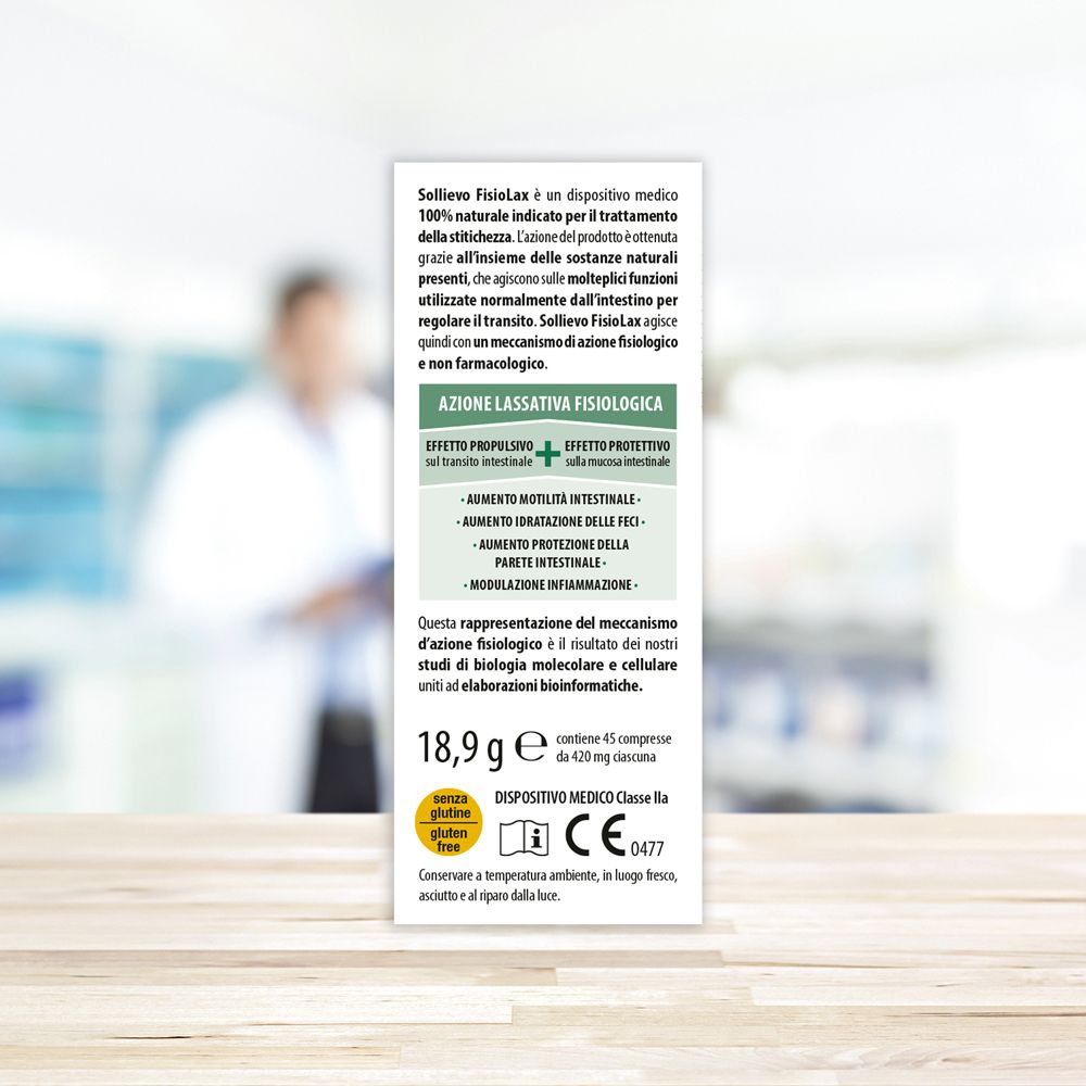 Braune Glasflasche mit goldfarbenem Deckel. Text: Sollievo Fisiolax, 45 Compresse. Medizinprodukt. Aboca Logo.