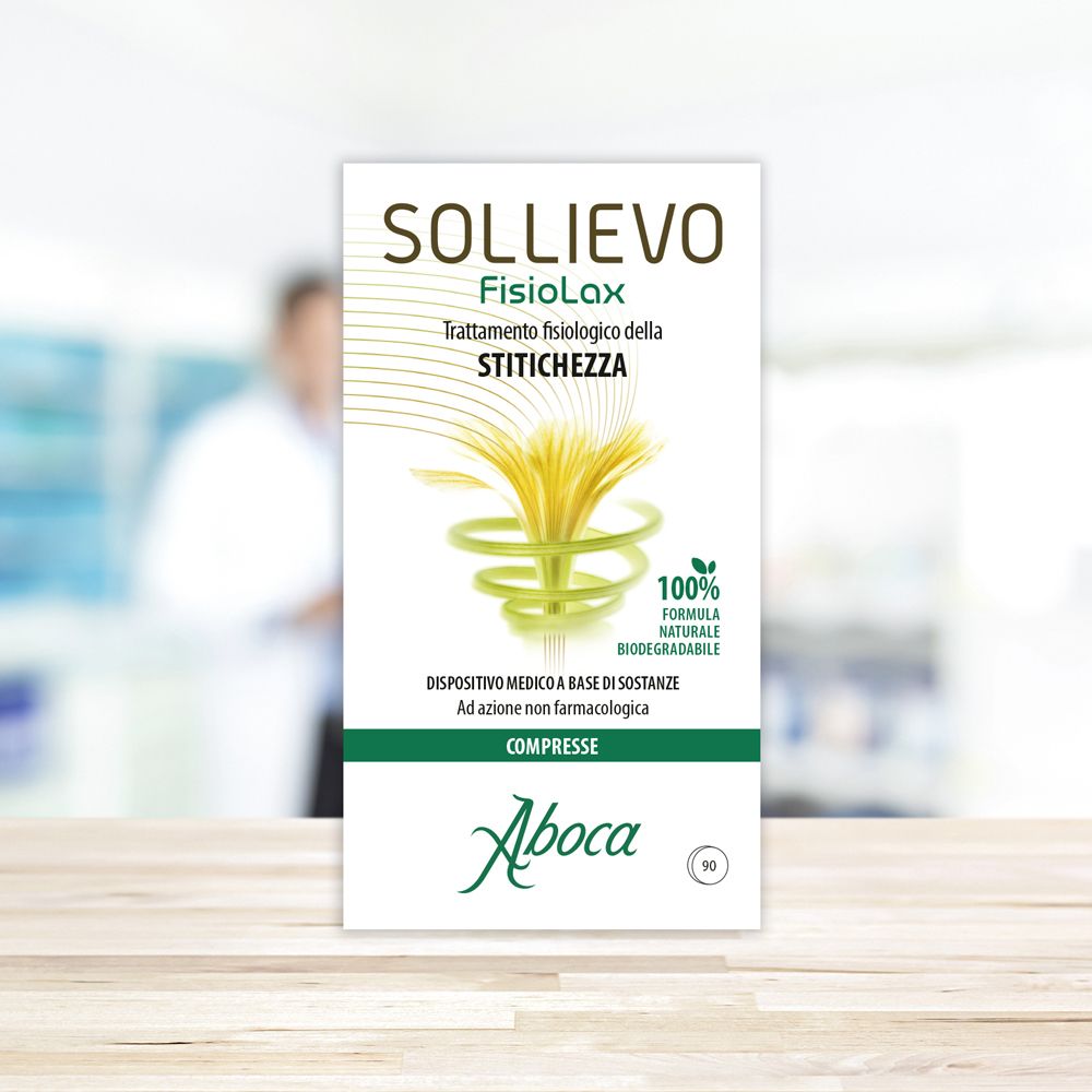 Weiße Schachtel Sollievo Fisiolax. Grün-weiße Schrift. Aboca-Logo. 90 Tabletten. 100% natürliche Formel.