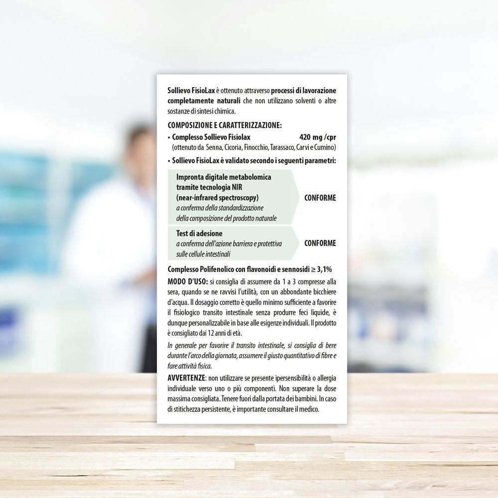 Rückseite der Sollievo Fisiolax-Schachtel. Text in italienischer Sprache. Zusammensetzung und Gebrauchsanweisung.