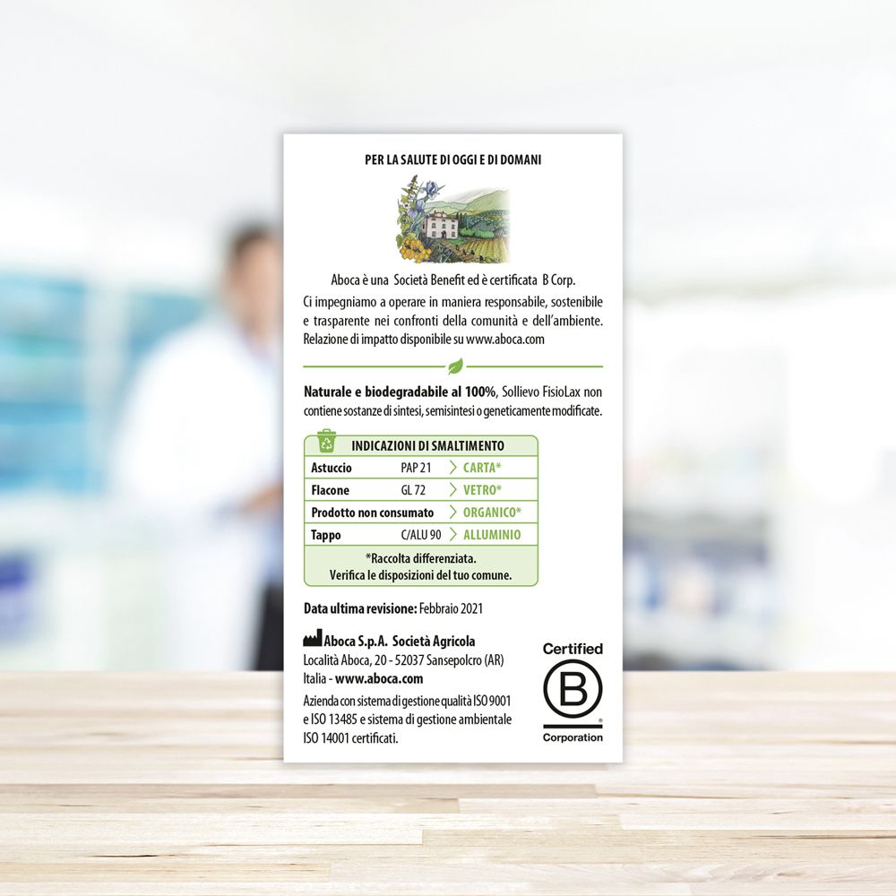 Rückseite der Sollievo Fisiolax-Schachtel. Text in italienischer Sprache. Informationen zur Entsorgung.