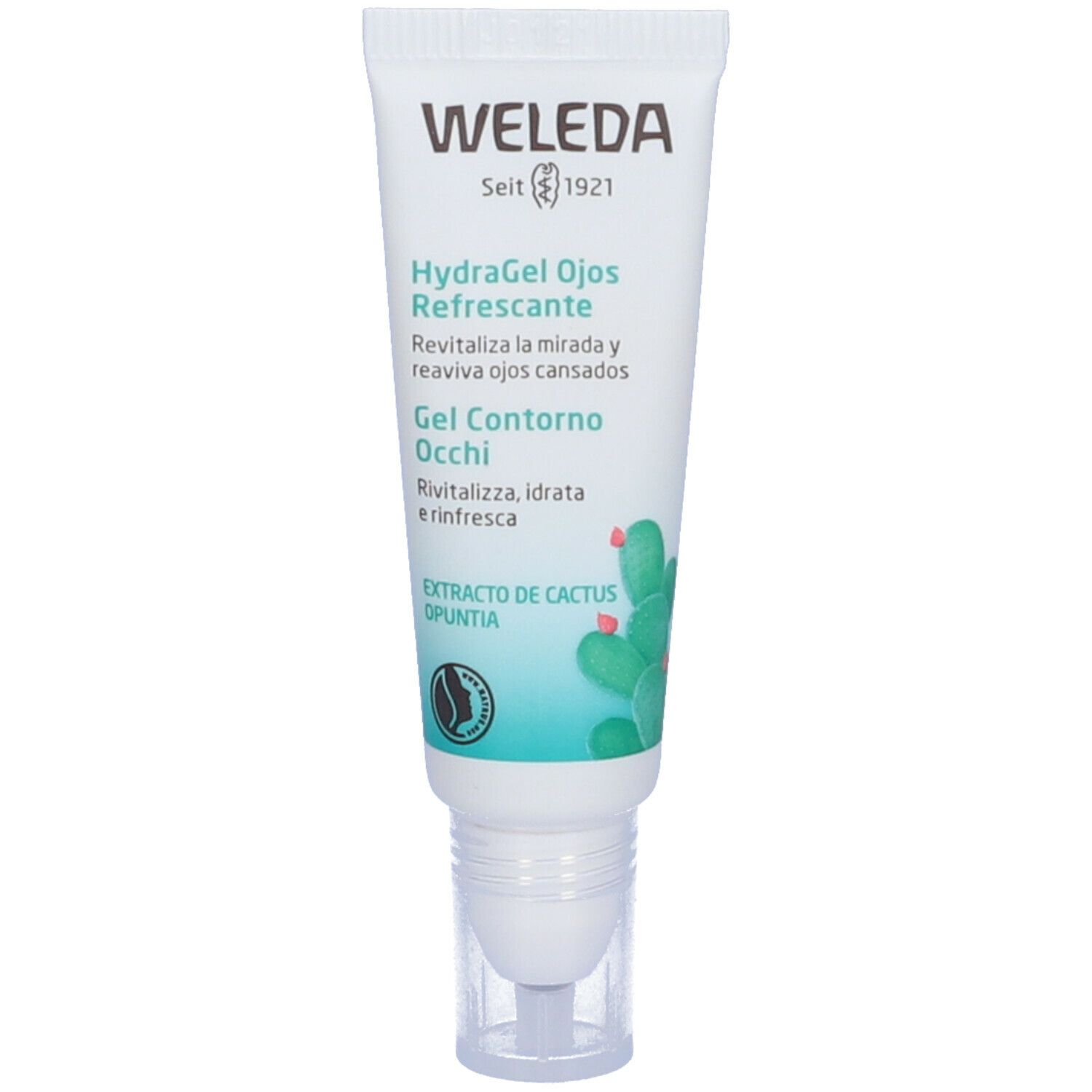 Tubo di Gel Contorno Occhi Weleda. Bianco, con applicatore roll-on. Testo e illustrazioni.