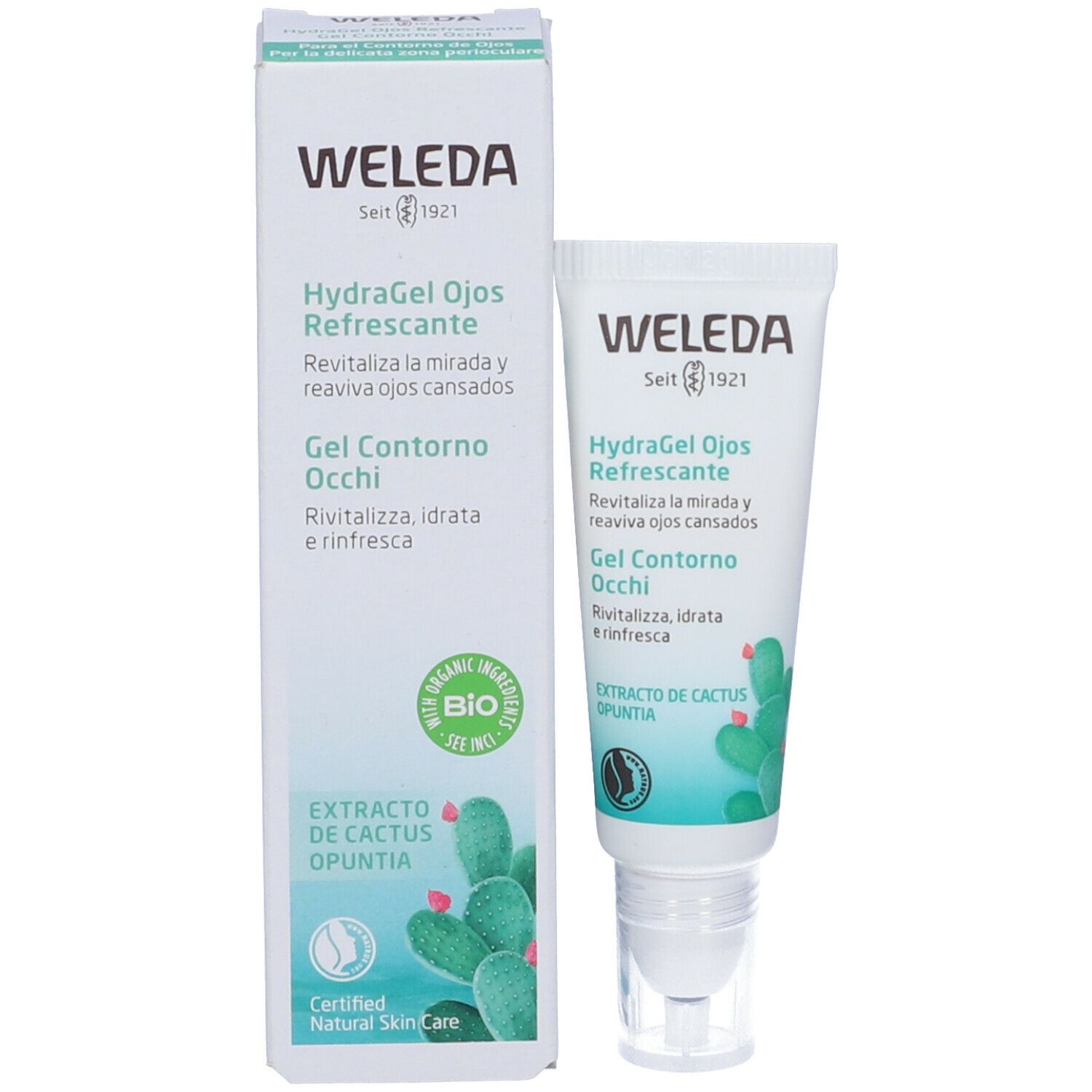 Tubo e scatola di Gel Contorno Occhi Weleda. Bianco, con testo e illustrazioni.
