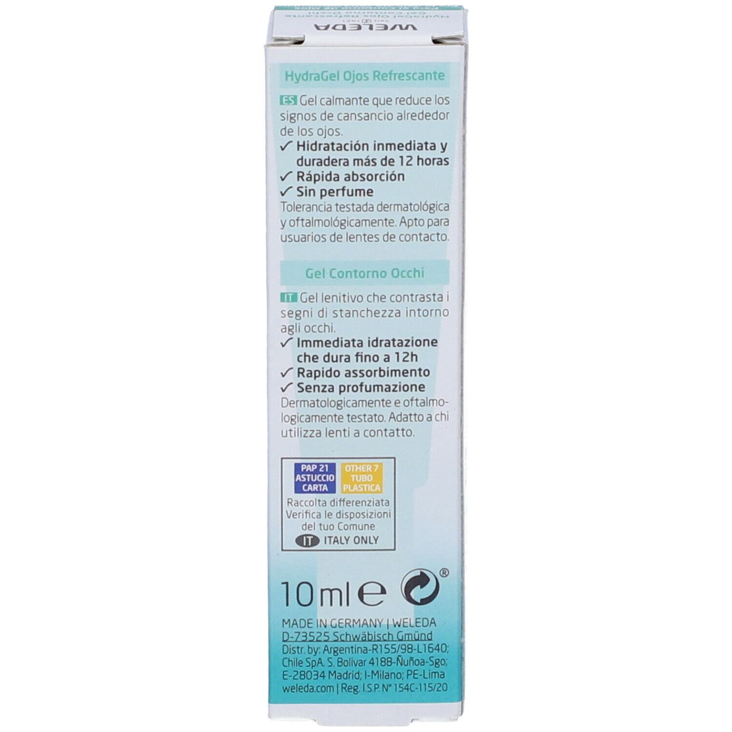 Lato della scatola di Gel Contorno Occhi Weleda. Testo multilingue, 10ml.