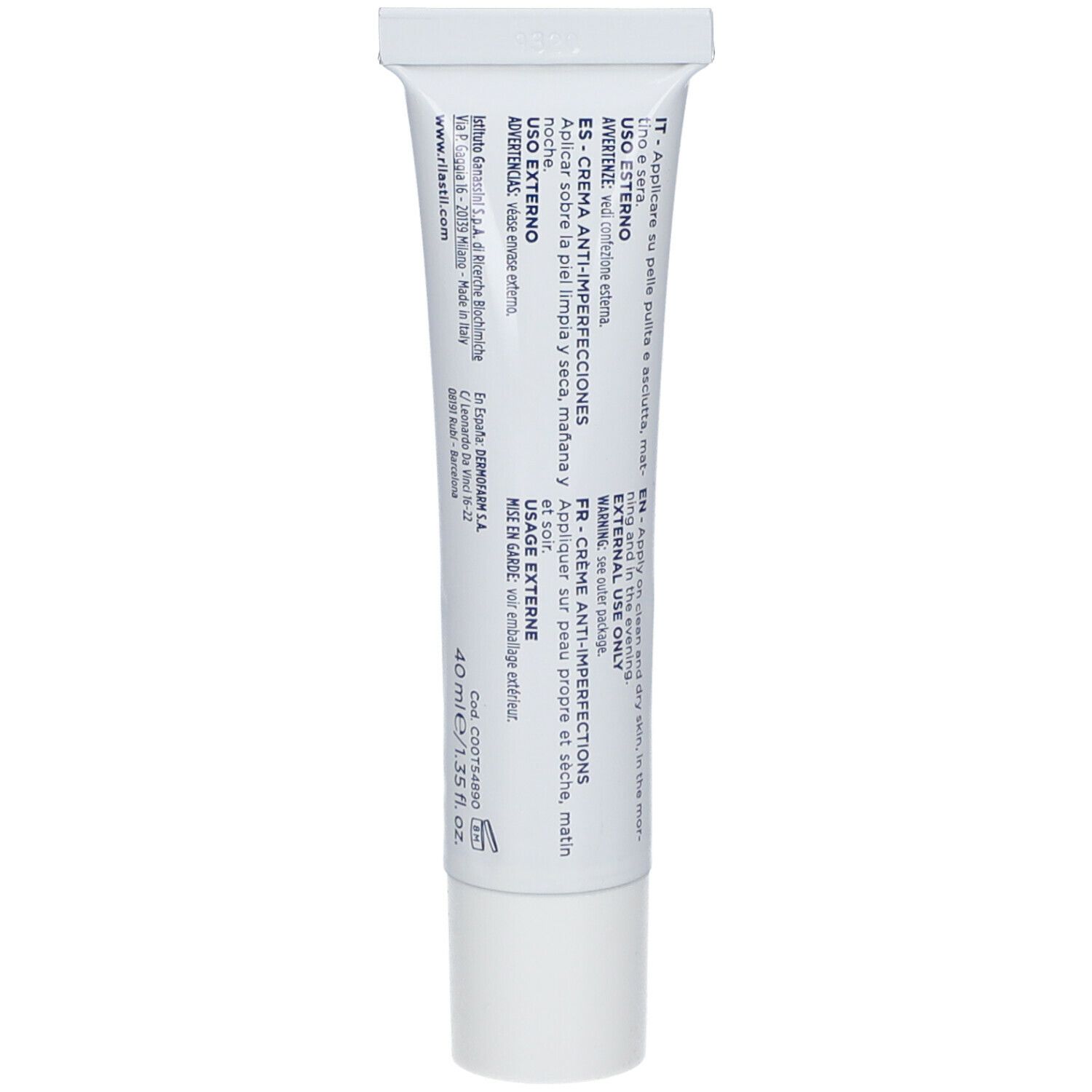 Rückseite einer weißen Tube. Text in mehreren Sprachen. Aufschrift: Rilastil, Acnestil Attiva, 40 ml.