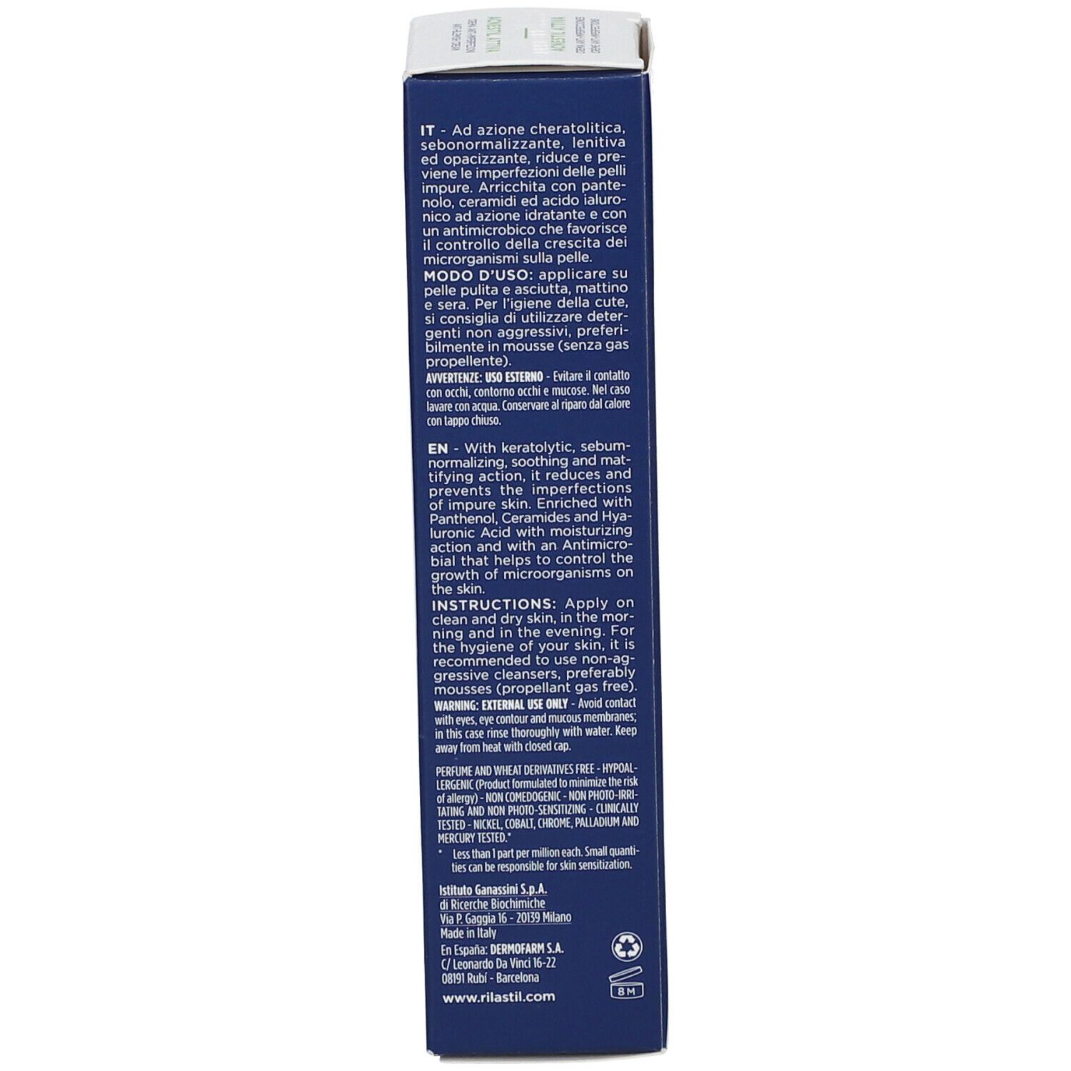 Seite der Produktverpackung. Text in mehreren Sprachen. Aufschrift: Rilastil, Acnestil Attiva, 40 ml.