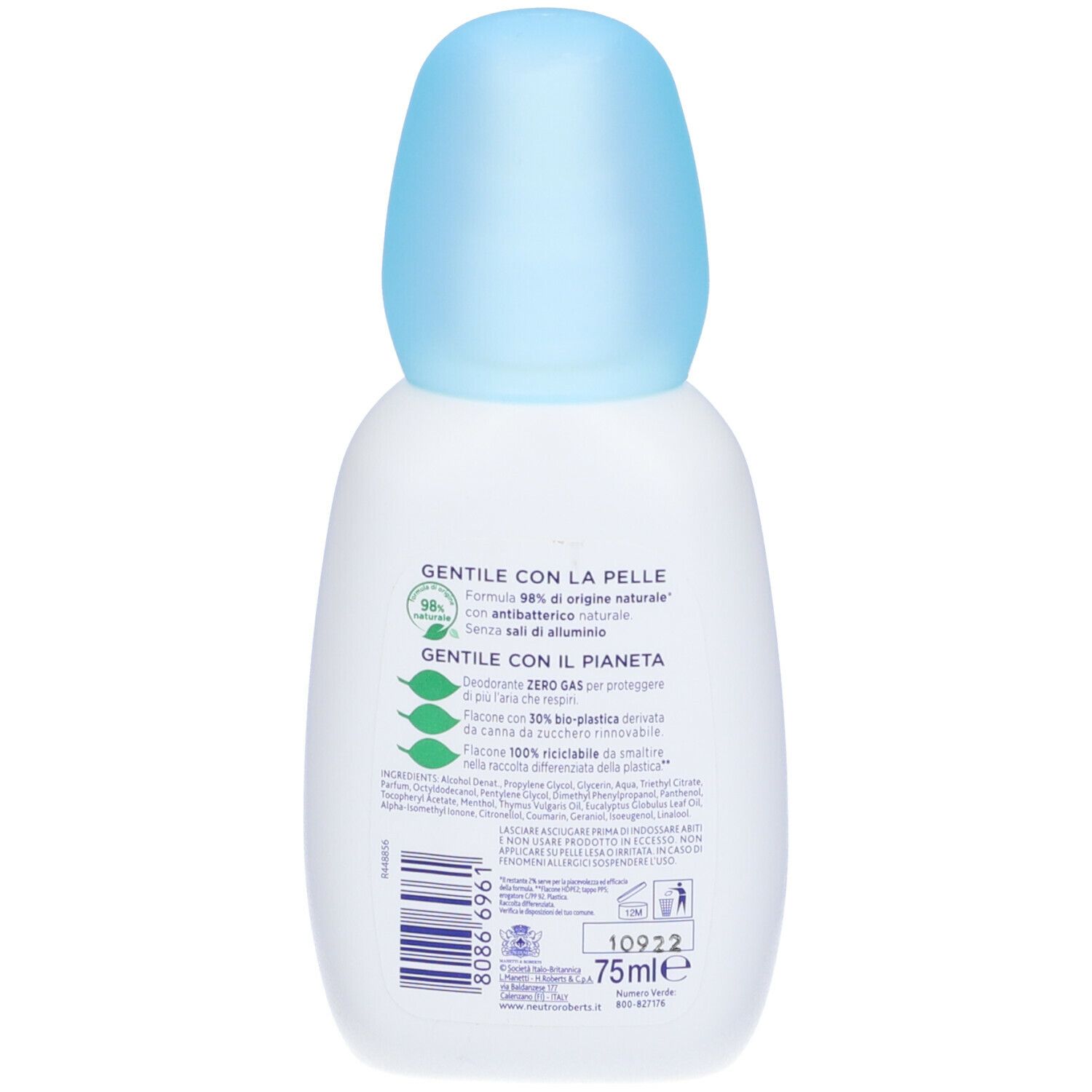 Retro di uno spray deodorante. Contiene testo sugli ingredienti e aspetti ambientali.