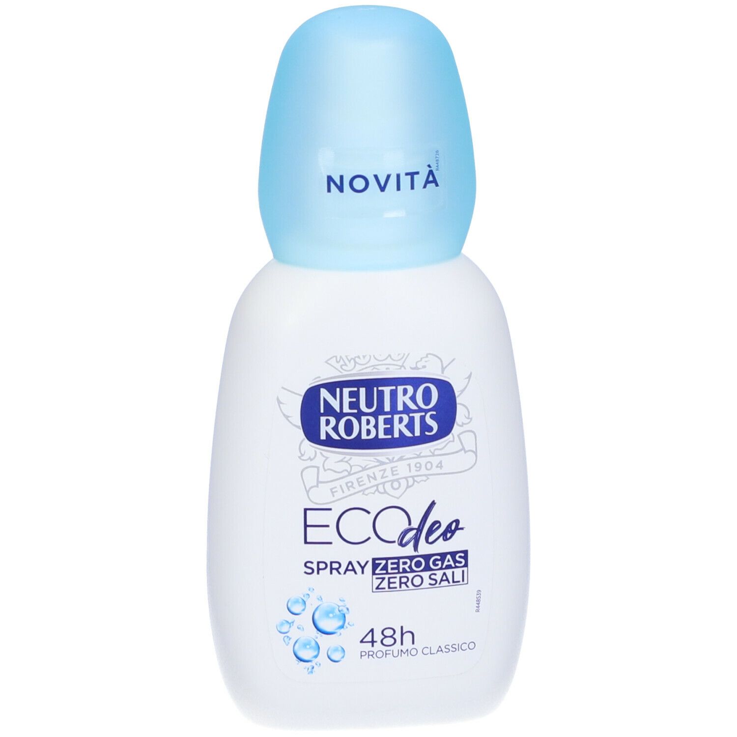 Spray deodorante con tappo azzurro. Scritte 'NOVITÀ' e 'Neutro Roberts'.