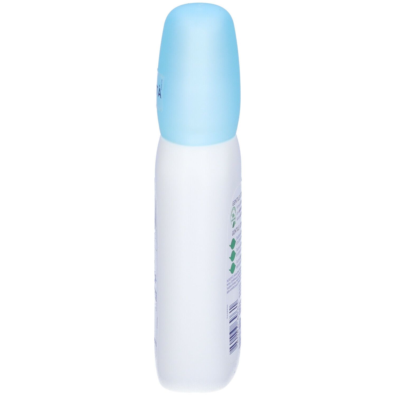 Vista laterale di uno spray deodorante bianco con tappo azzurro. Testo sulla confezione.