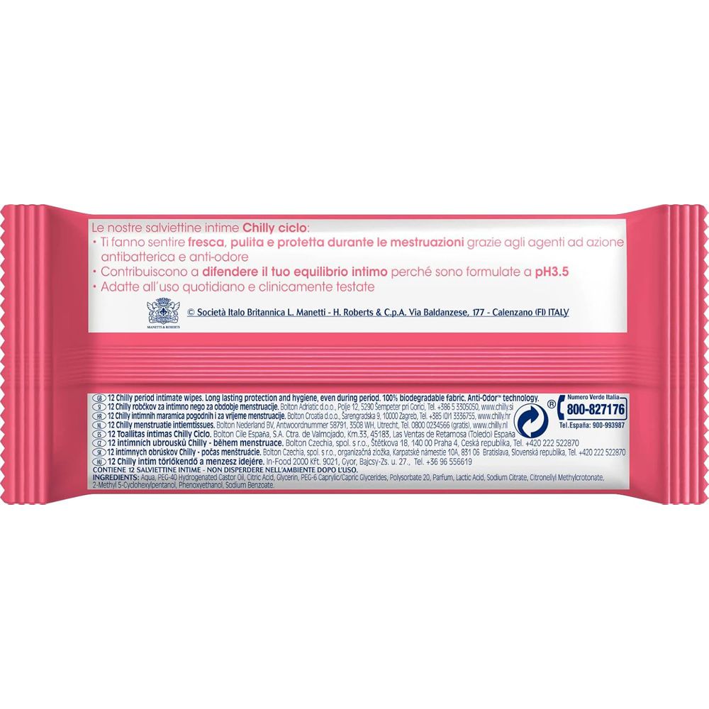 Verpackung von Chilly Intim-Feuchttüchern mit Produktinformationen und Telefonnummer.