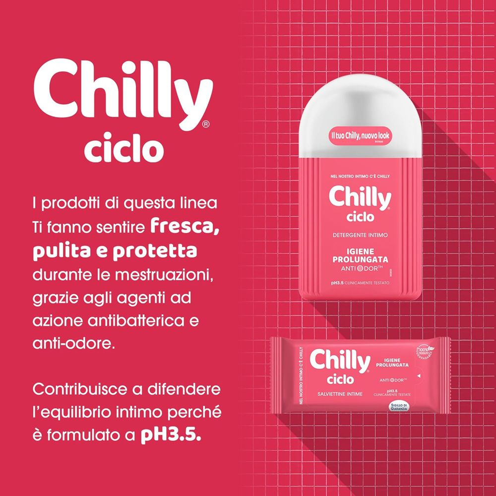 Chilly Ciclo Intimpflegeprodukte: eine Flasche und eine Packung Feuchttücher.