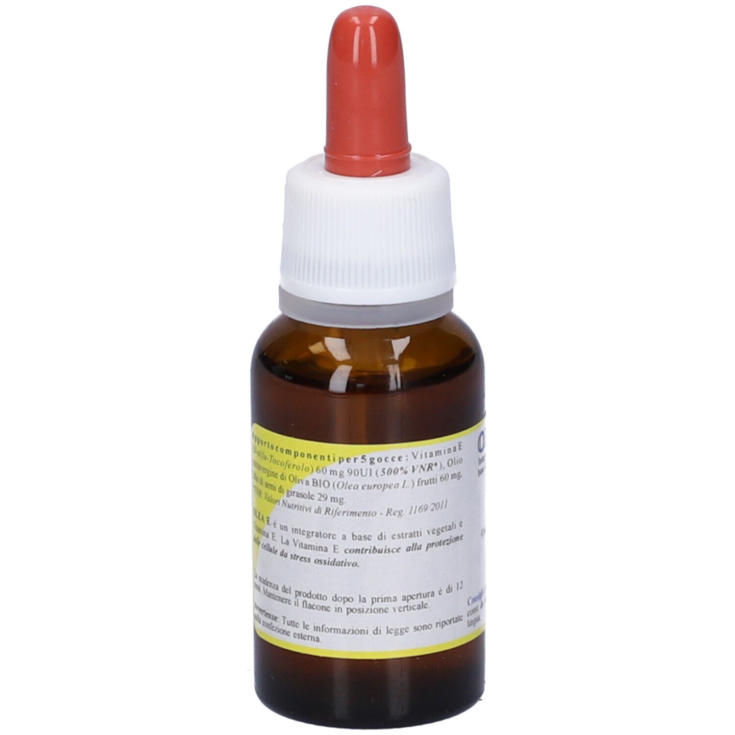 Flacon en verre brun avec pipette rouge. Étiquette Olea E. Contient 20 ml. Complément alimentaire à la vitamine E.