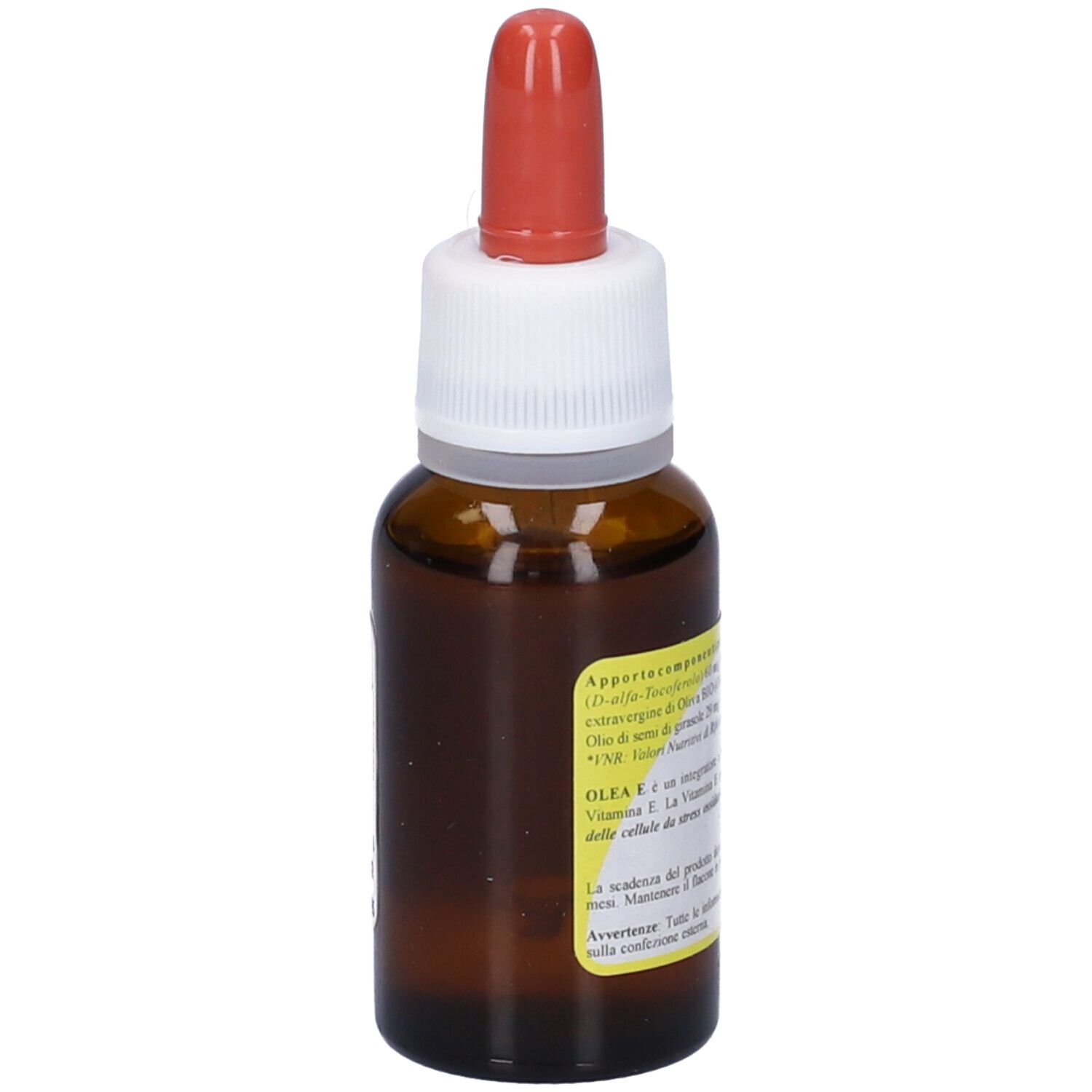 Flacon en verre brun avec pipette rouge. Étiquette Olea E. Contient 20 ml. Complément alimentaire à la vitamine E.