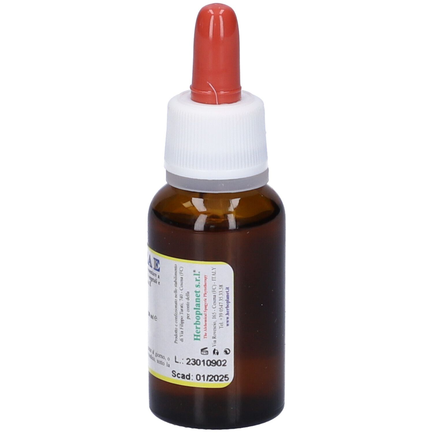 Flacon en verre brun avec pipette rouge. Étiquette Olea E. Contient 20 ml. Complément alimentaire à la vitamine E.