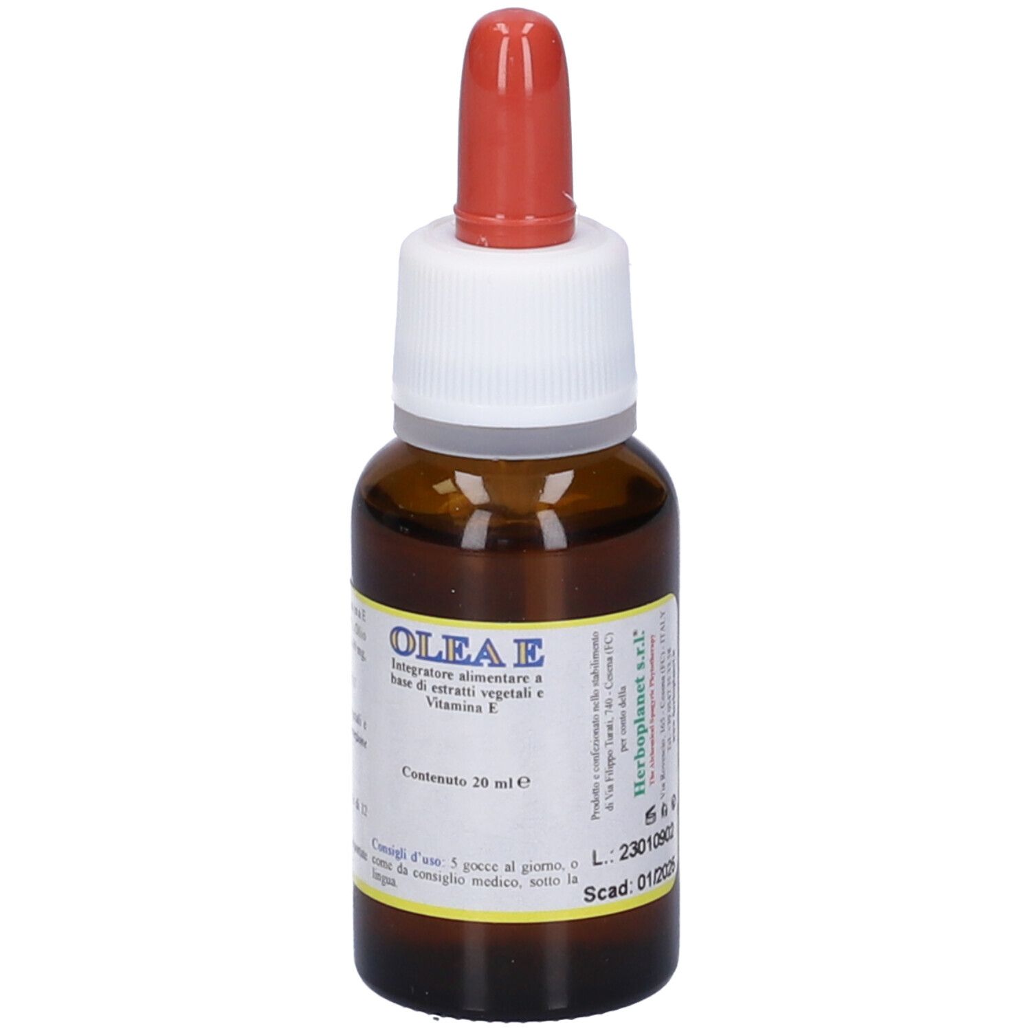 Flacon en verre brun avec pipette rouge. Étiquette Olea E. Contient 20 ml. Complément alimentaire à la vitamine E.