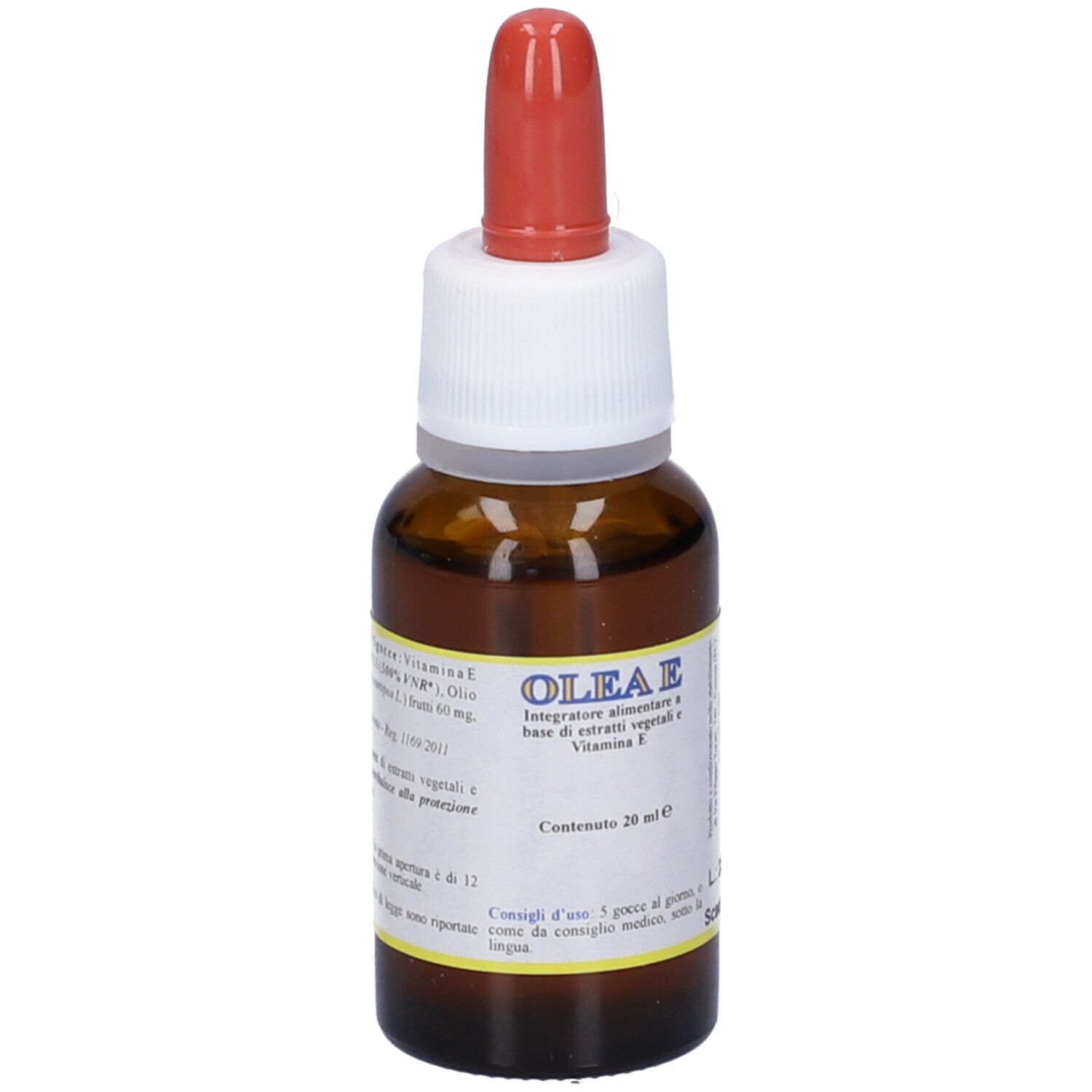 Flacon en verre brun avec pipette rouge. Étiquette Olea E. Contient 20 ml. Complément alimentaire à la vitamine E.